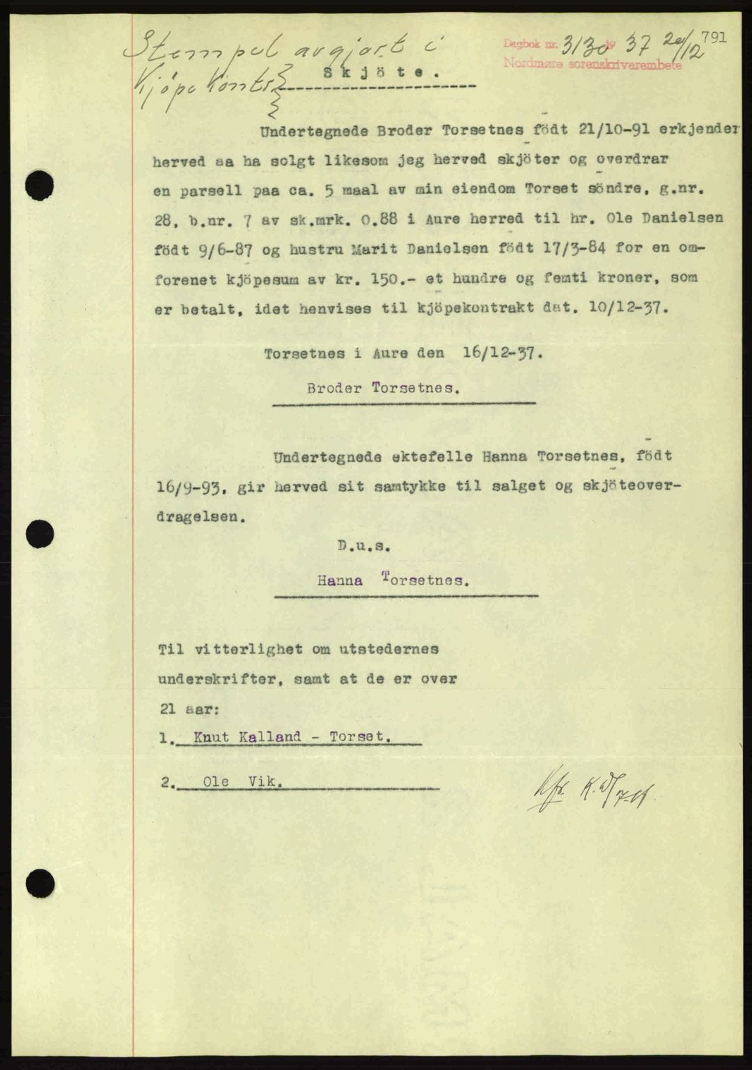 Nordmøre sorenskriveri, AV/SAT-A-4132/1/2/2Ca: Pantebok nr. A82, 1937-1938, Dagboknr: 3130/1937
