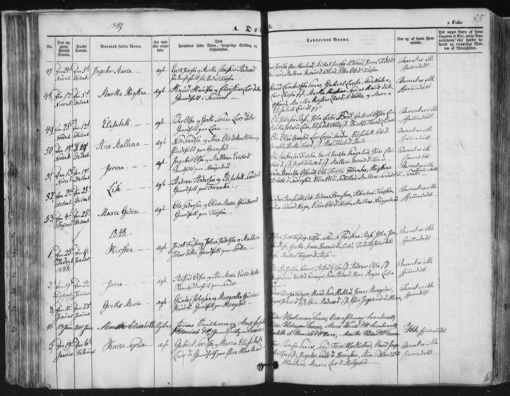 Høyland sokneprestkontor, AV/SAST-A-101799/001/30BA/L0008: Ministerialbok nr. A 8, 1841-1856, s. 85