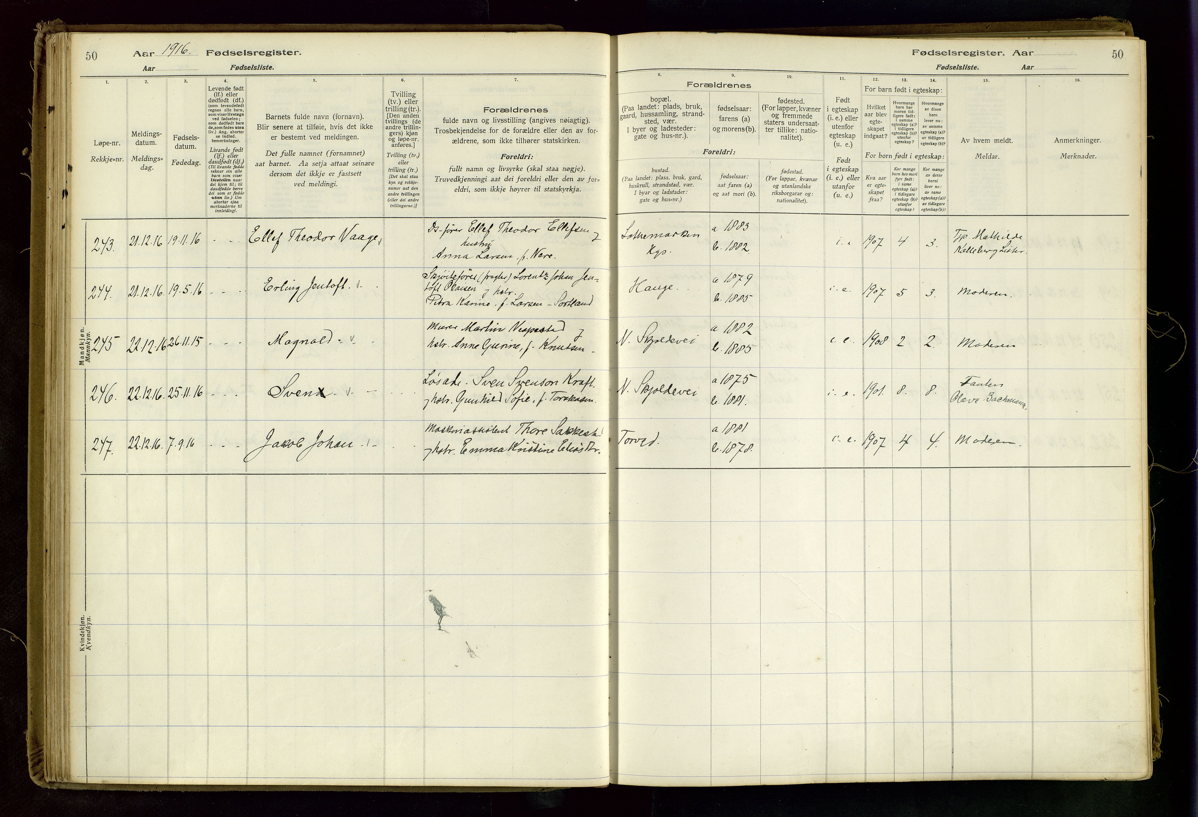 Haugesund sokneprestkontor, AV/SAST-A -101863/I/Id/L0003: Fødselsregister nr. 1, 1916-1919, s. 50