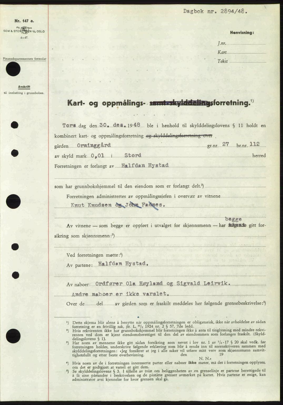 Sunnhordland sorenskrivar, AV/SAB-A-2401: Pantebok nr. A88, 1948-1949, Dagboknr: 2894/1948