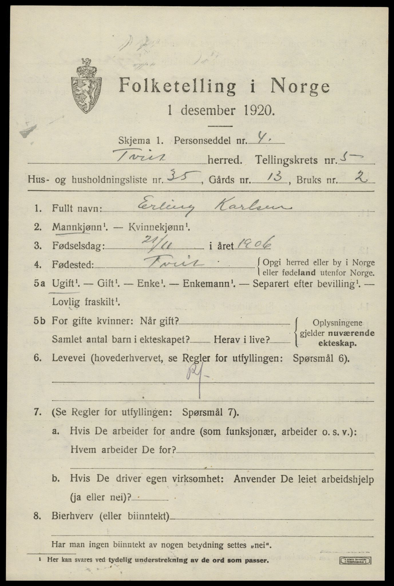 SAK, Folketelling 1920 for 1013 Tveit herred, 1920, s. 2754