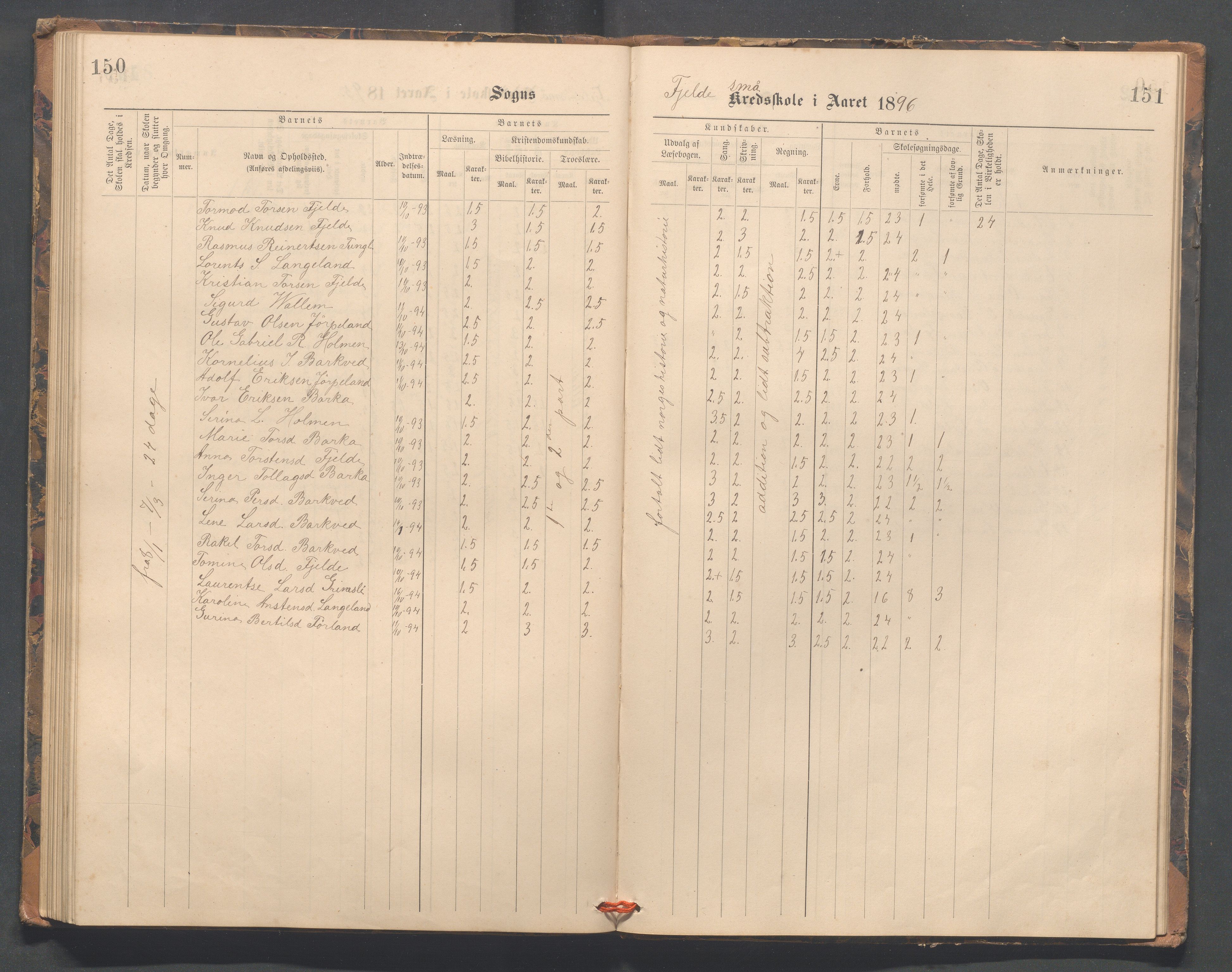 Strand kommune - Fiskå skole, IKAR/A-155/H/L0002: Skoleprotokoll for Fiskå, Heien, Jøssang, Sørbygda og Fjelde krets, 1888-1900, s. 150-151