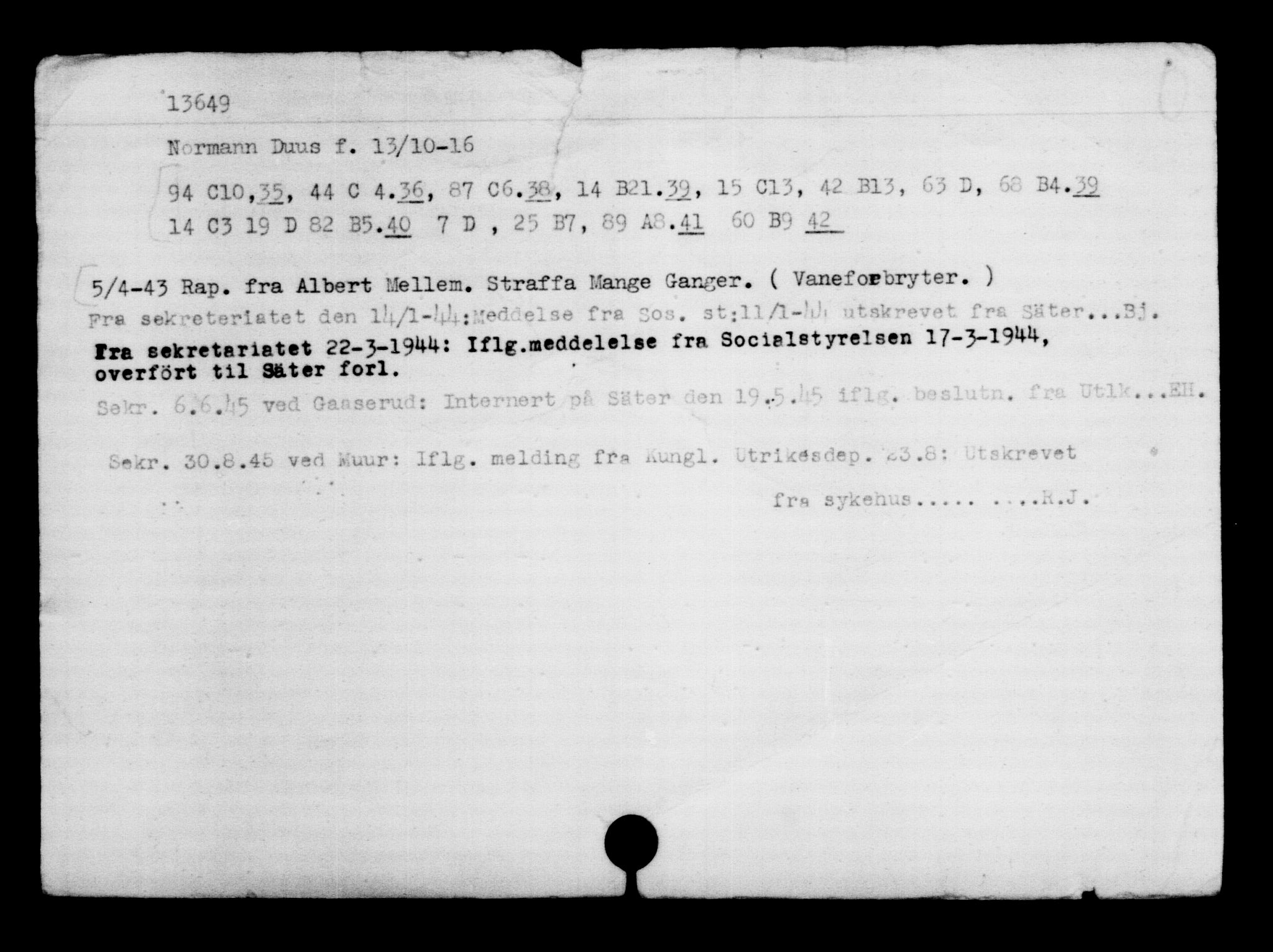 Utenriksstasjonene, Legasjonen i Stockholm, Flyktningkontoret, AV/RA-S-6753/V/Va/L0007: Kjesäterkartoteket, flyktninger med registreringsnr. 12700-15723, 1940-1945, s. 1078