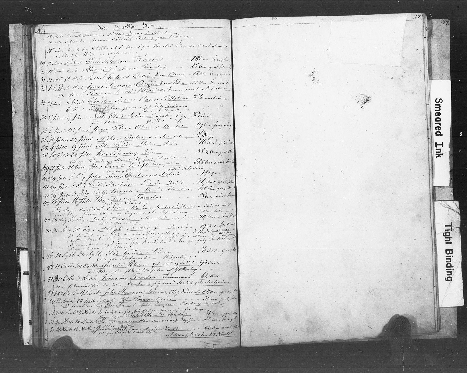 Mandal sokneprestkontor, AV/SAK-1111-0030/F/Fb/Fba/L0007: Klokkerbok nr. B 1G, 1850-1853, s. 37