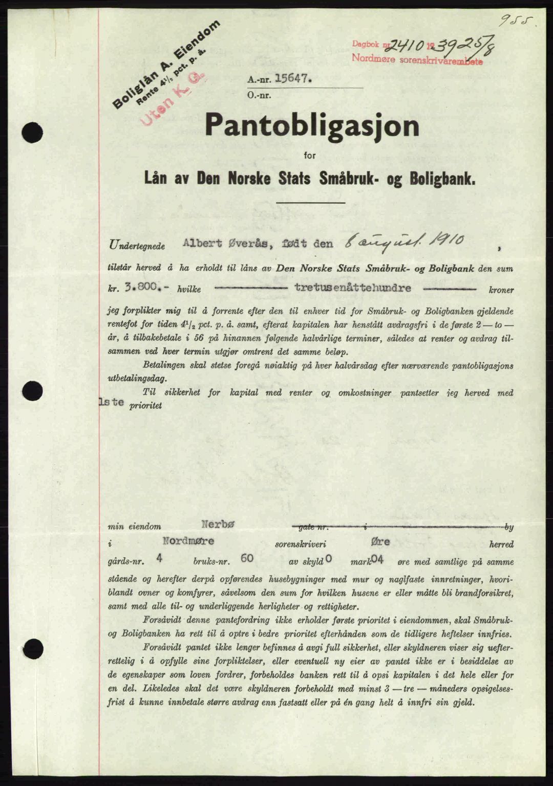 Nordmøre sorenskriveri, AV/SAT-A-4132/1/2/2Ca: Pantebok nr. B85, 1939-1939, Dagboknr: 2410/1939