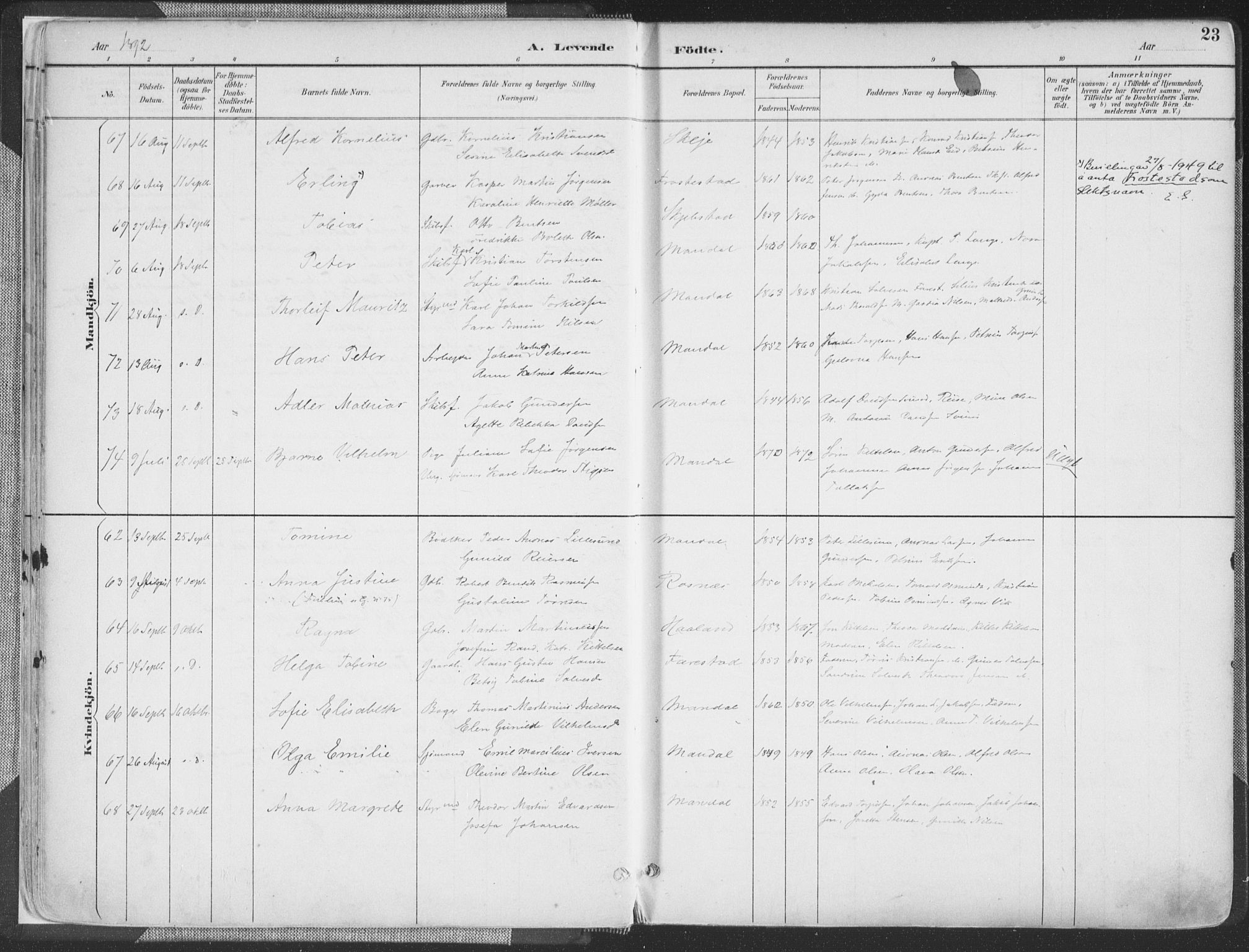 Mandal sokneprestkontor, AV/SAK-1111-0030/F/Fa/Faa/L0018: Ministerialbok nr. A 18, 1890-1905, s. 23