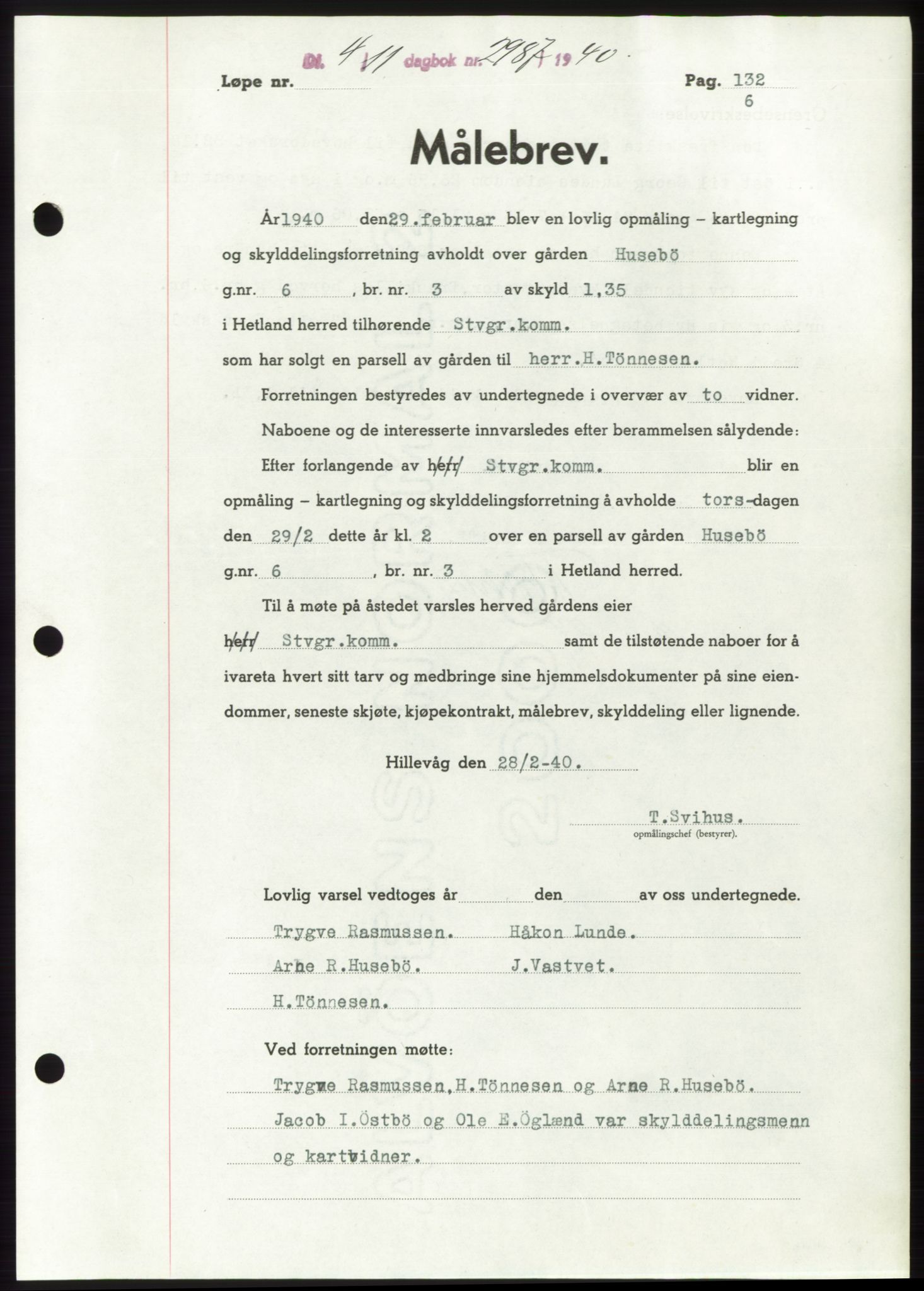 Jæren sorenskriveri, SAST/A-100310/03/G/Gba/L0078: Pantebok, 1940-1940, Dagboknr: 2987/1940