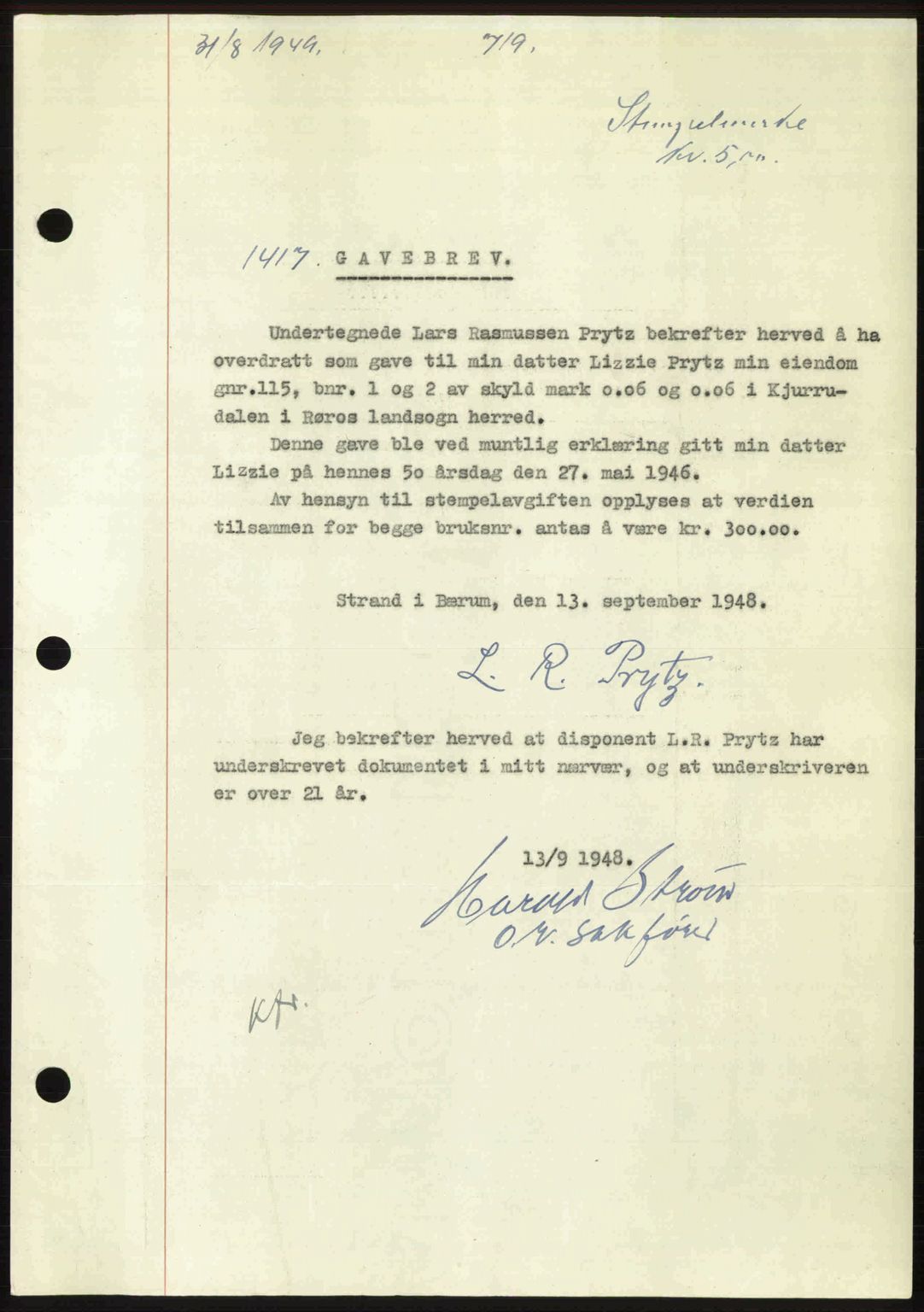 Gauldal sorenskriveri, SAT/A-0014/1/2/2C: Pantebok nr. A8, 1949-1949, Dagboknr: 1417/1949