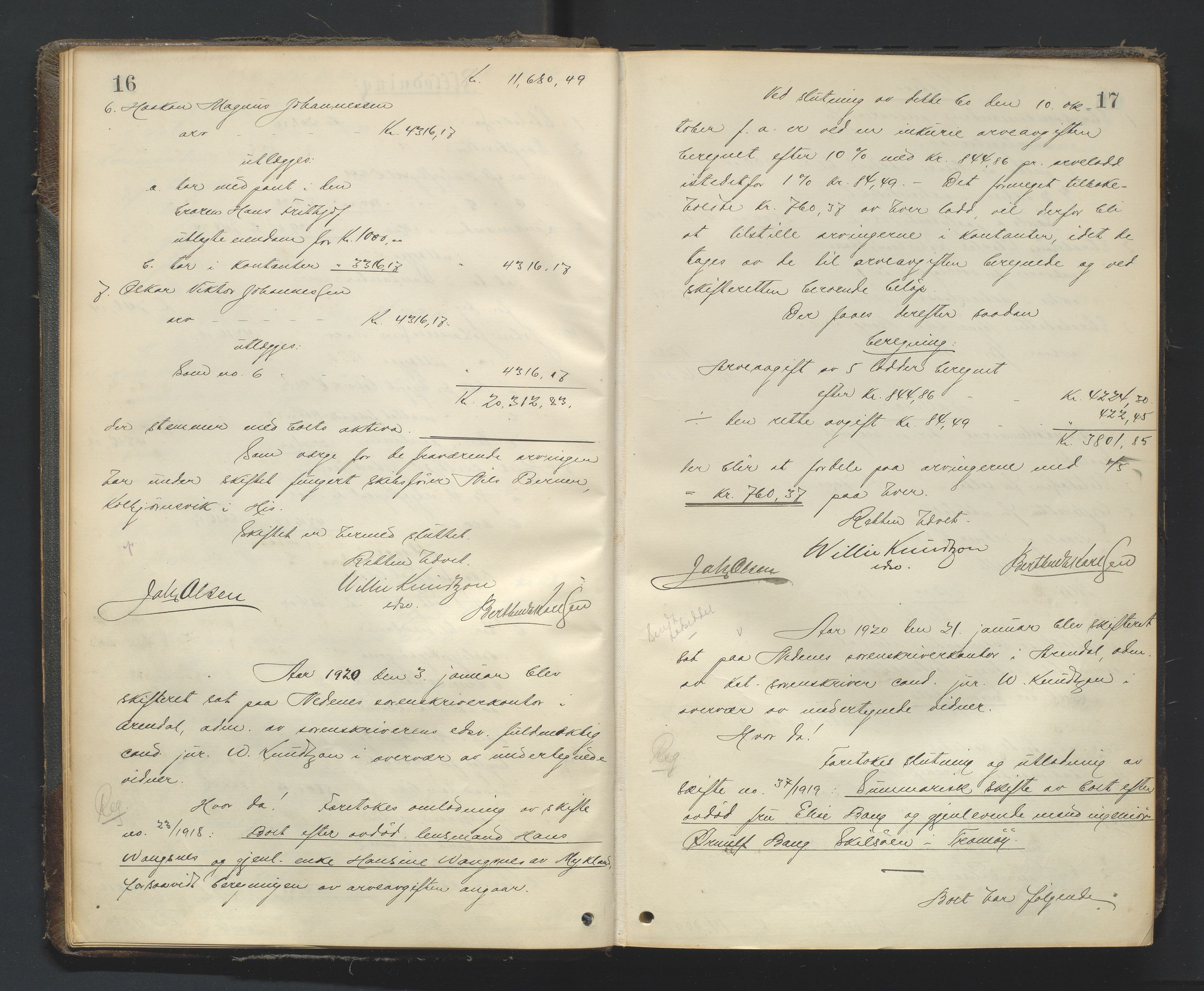 Nedenes sorenskriveri, AV/SAK-1221-0006/H/Hc/L0022: Skifteutlodningsprotokoll nr 8, 1919-1926, s. 16-17
