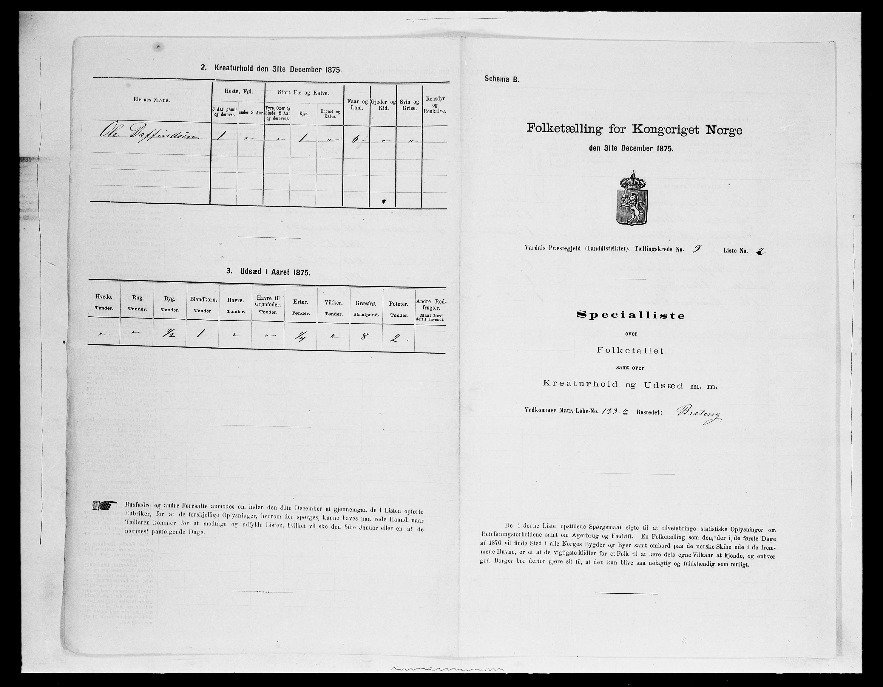 SAH, Folketelling 1875 for 0527L Vardal prestegjeld, Vardal sokn og Hunn sokn, 1875, s. 1271