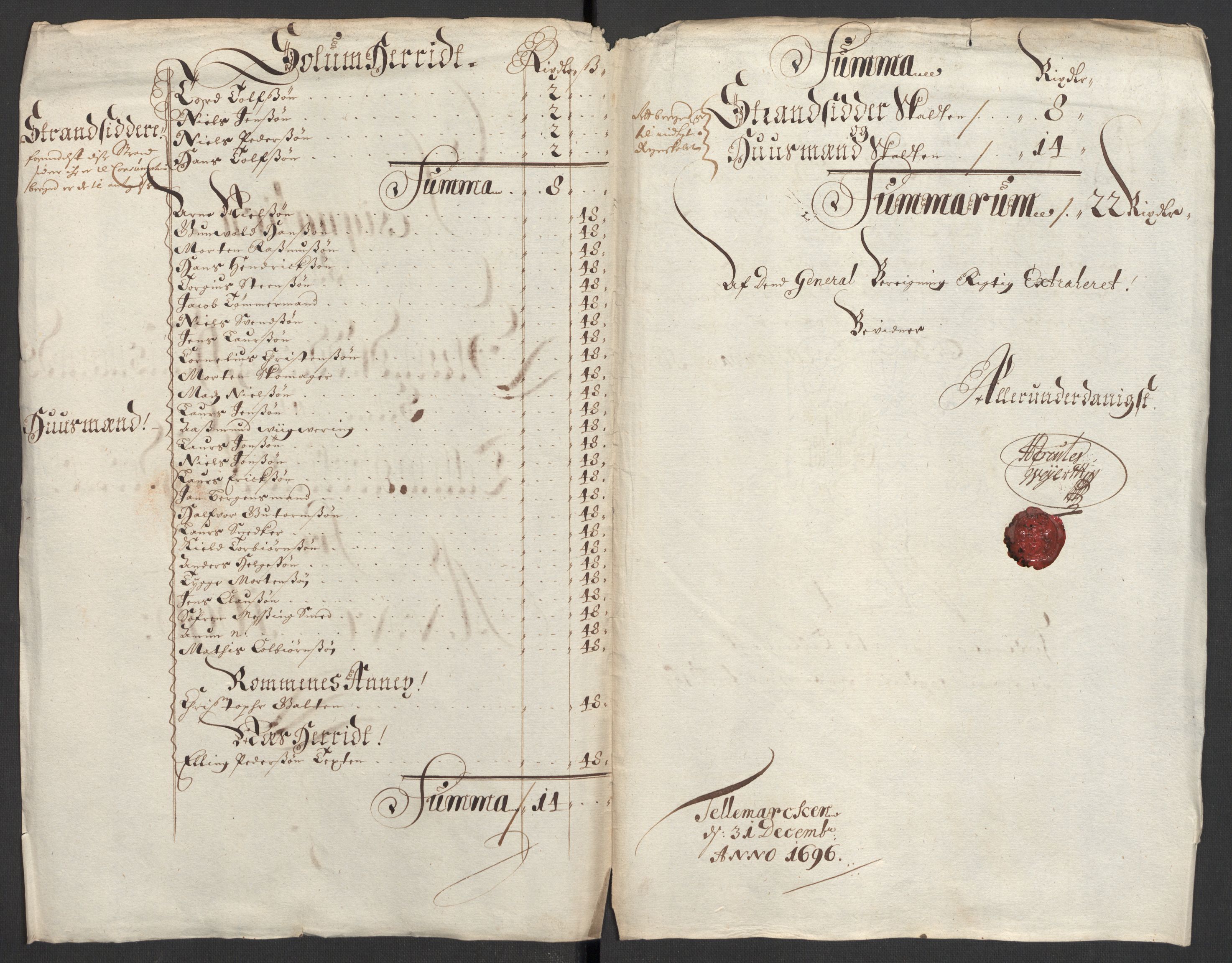 Rentekammeret inntil 1814, Reviderte regnskaper, Fogderegnskap, RA/EA-4092/R36/L2095: Fogderegnskap Øvre og Nedre Telemark og Bamble, 1696, s. 3