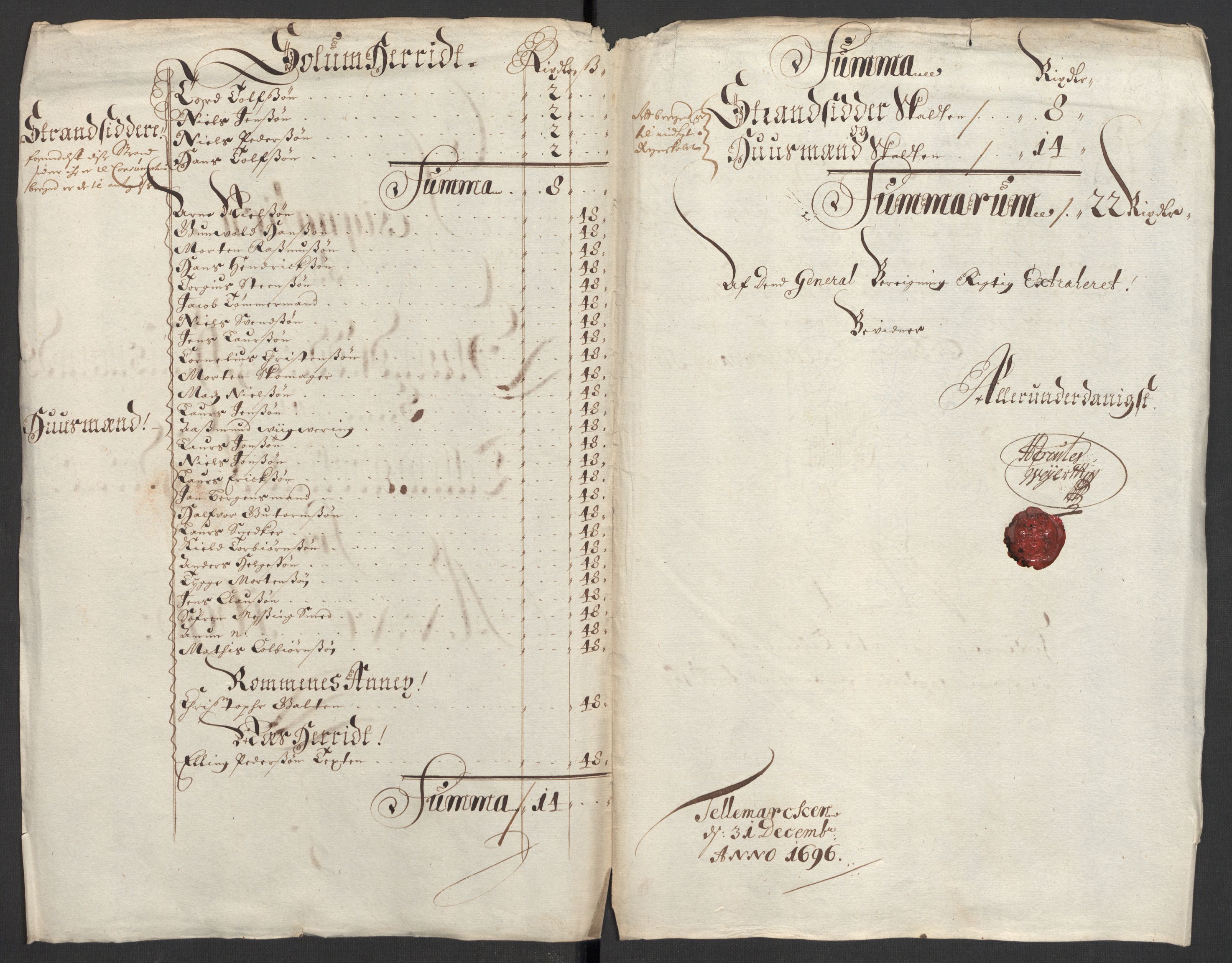 Rentekammeret inntil 1814, Reviderte regnskaper, Fogderegnskap, AV/RA-EA-4092/R36/L2095: Fogderegnskap Øvre og Nedre Telemark og Bamble, 1696, s. 3