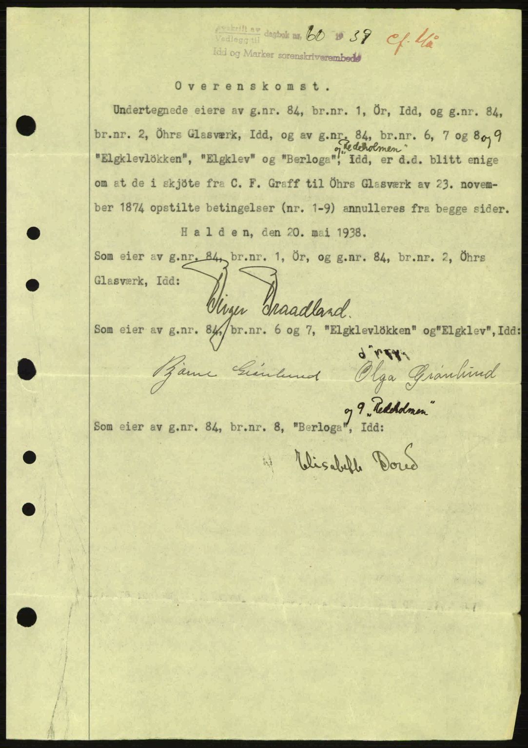 Idd og Marker sorenskriveri, AV/SAO-A-10283/G/Gb/Gbc/L0001: Pantebok nr. B1-3, 1936-1939, Dagboknr: 60/1939