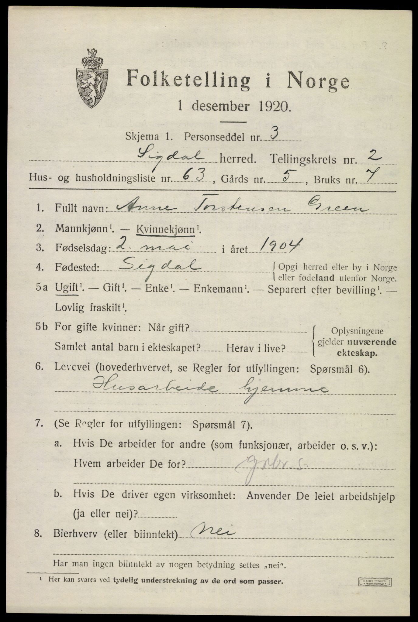 SAKO, Folketelling 1920 for 0621 Sigdal herred, 1920, s. 2732