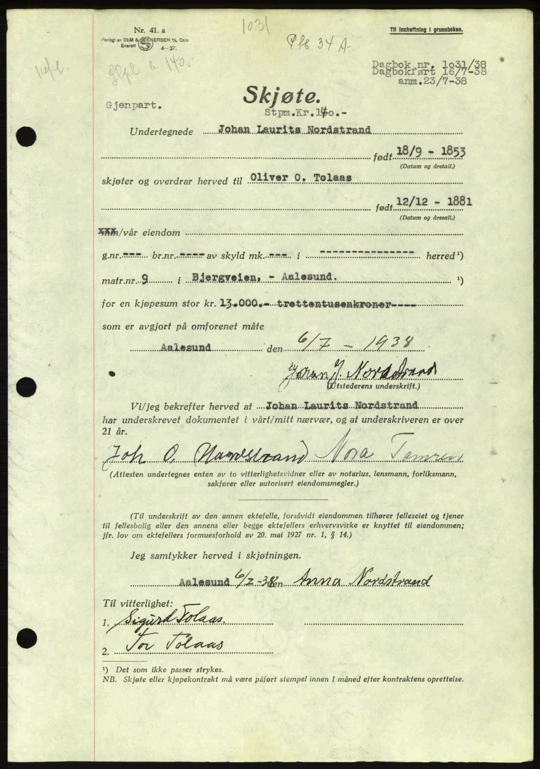 Ålesund byfogd, AV/SAT-A-4384: Pantebok nr. 34 II, 1938-1940, Dagboknr: 1031/1938