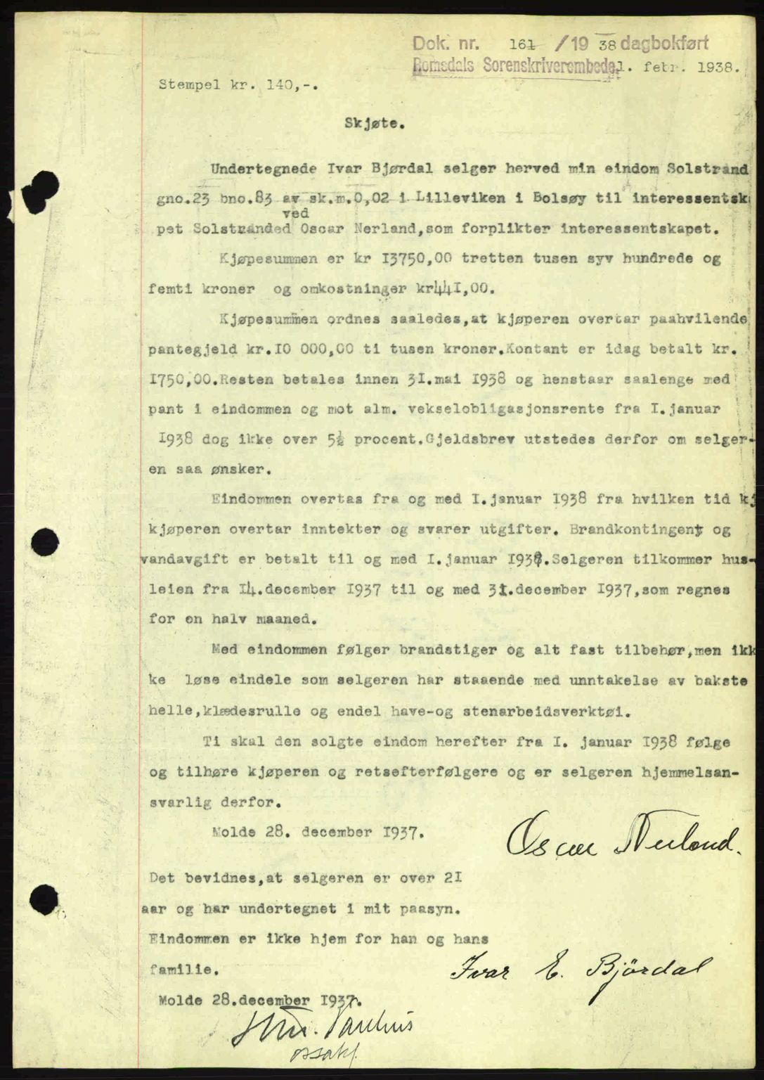 Romsdal sorenskriveri, SAT/A-4149/1/2/2C: Pantebok nr. A4, 1937-1938, Dagboknr: 161/1938