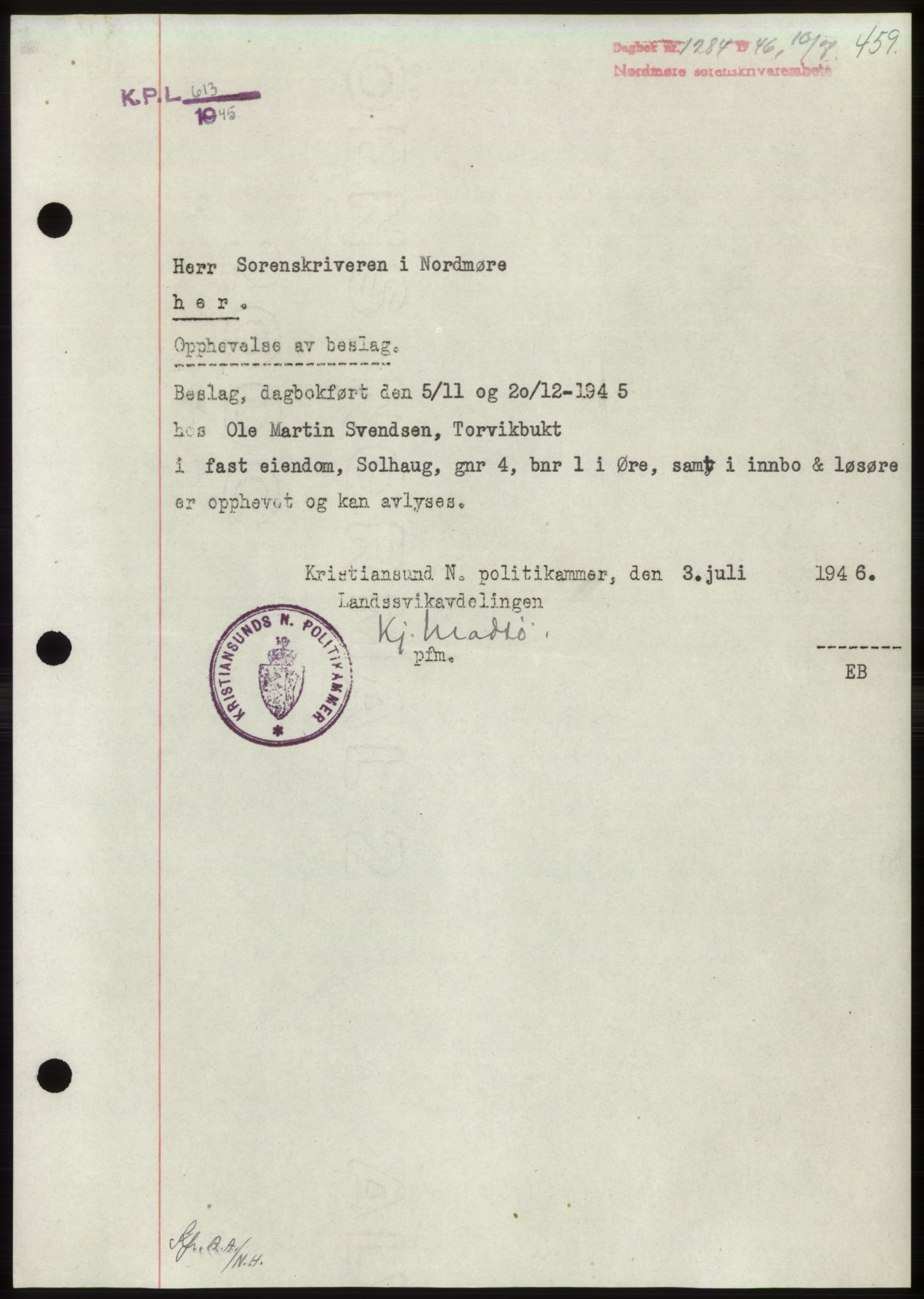 Nordmøre sorenskriveri, SAT/A-4132/1/2/2Ca: Pantebok nr. B94, 1946-1946, Dagboknr: 1284/1946