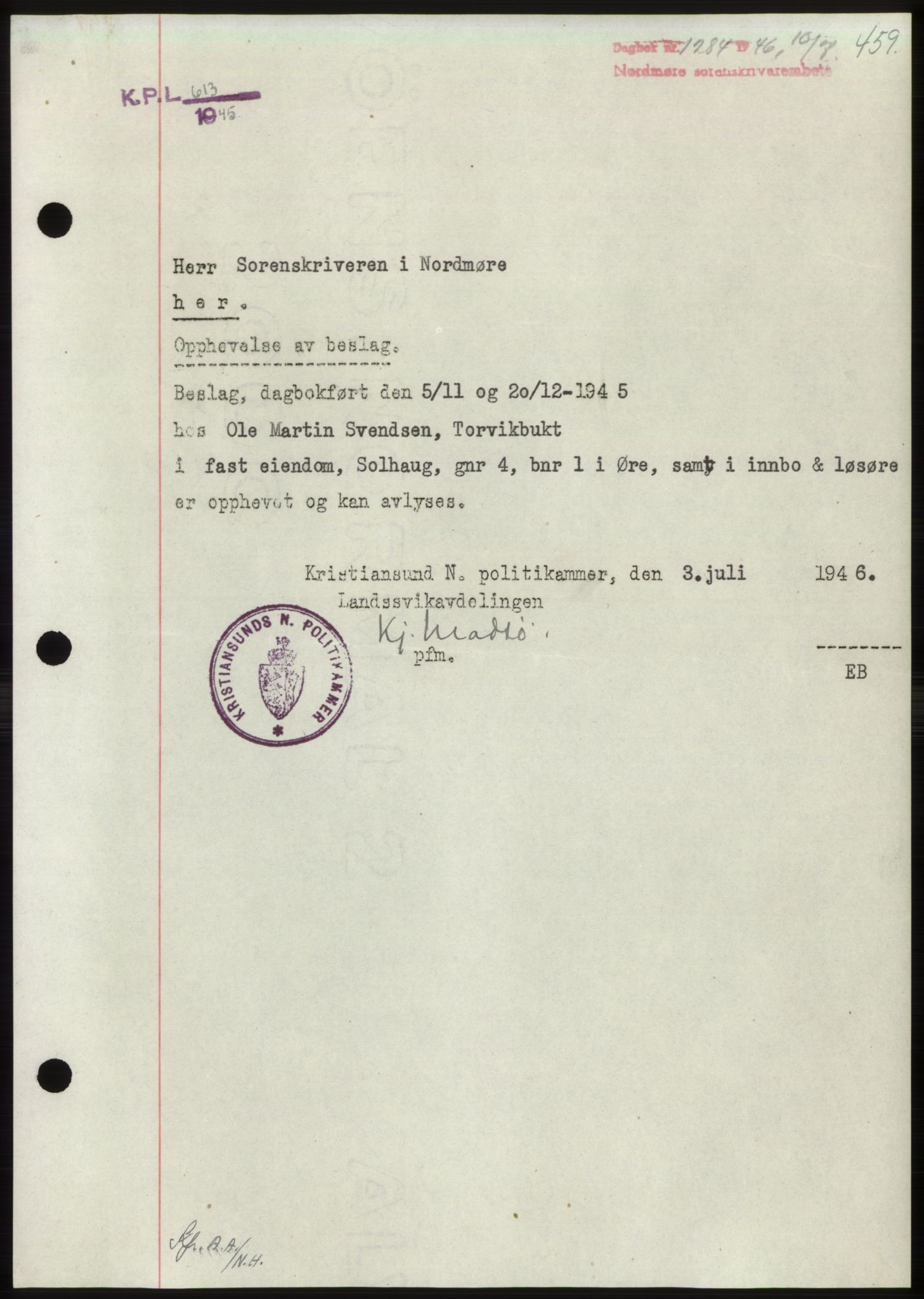 Nordmøre sorenskriveri, AV/SAT-A-4132/1/2/2Ca: Pantebok nr. B94, 1946-1946, Dagboknr: 1284/1946