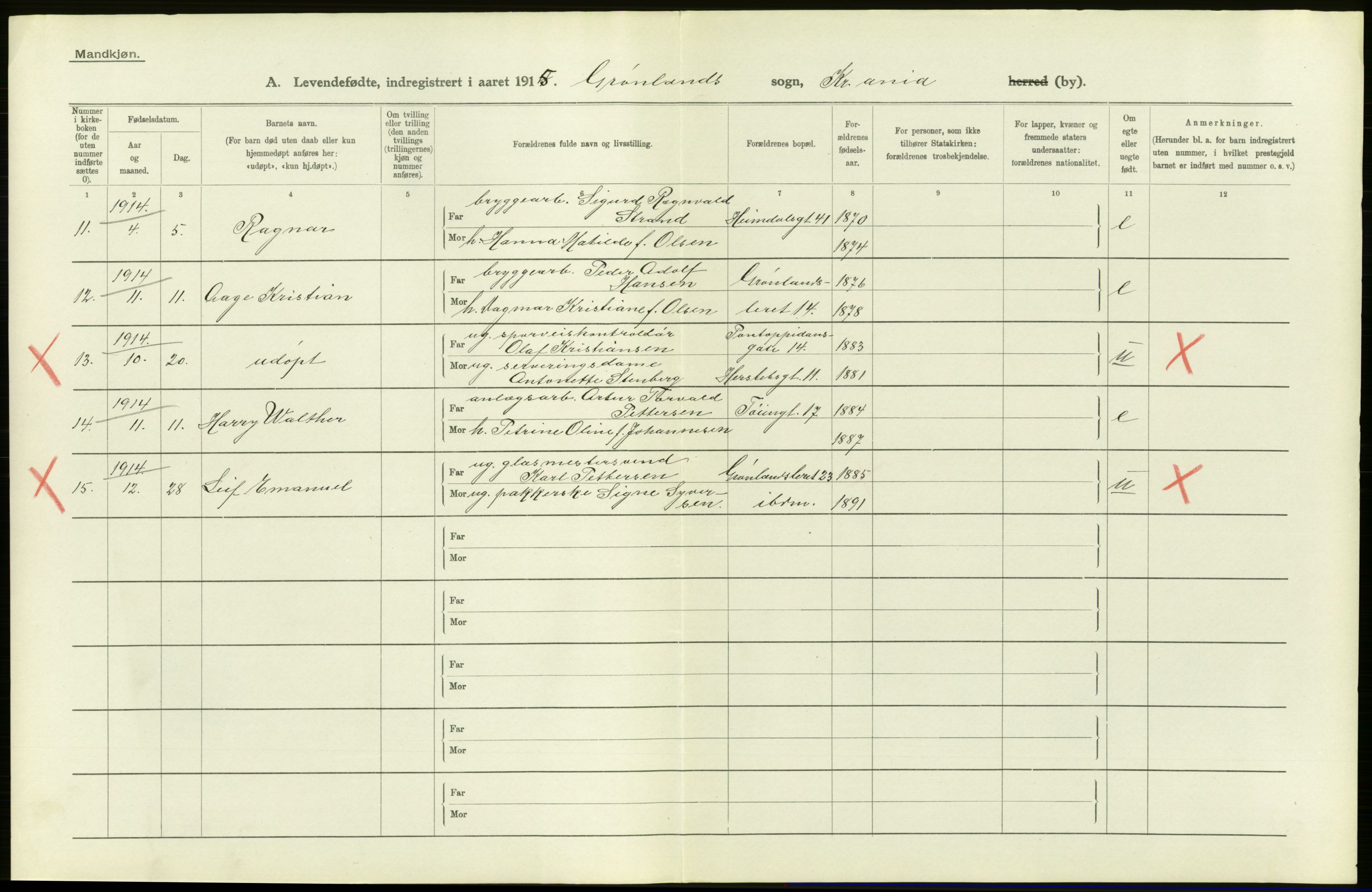 Statistisk sentralbyrå, Sosiodemografiske emner, Befolkning, AV/RA-S-2228/D/Df/Dfb/Dfbe/L0006: Kristiania: Levendefødte menn og kvinner., 1915, s. 718