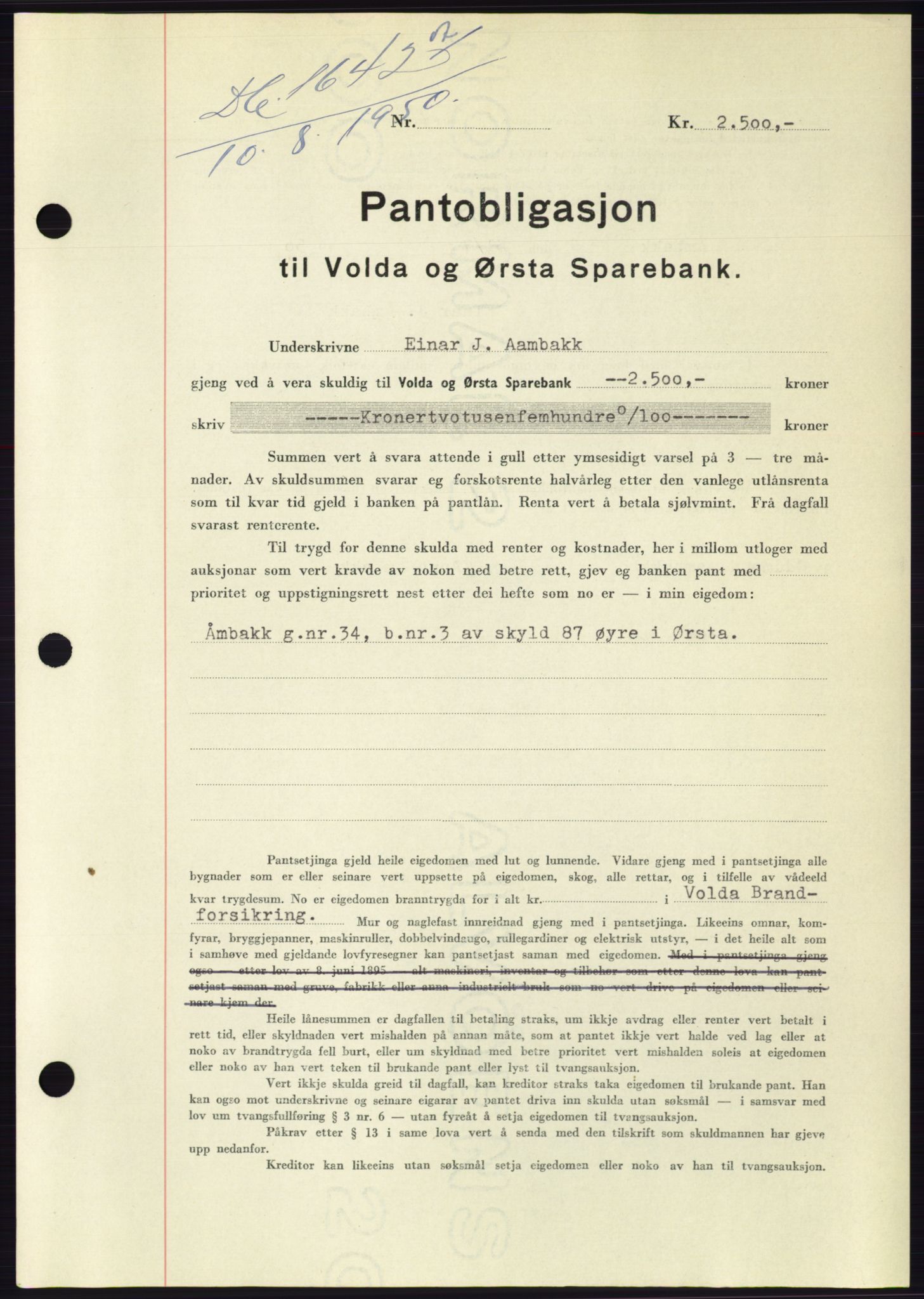 Søre Sunnmøre sorenskriveri, AV/SAT-A-4122/1/2/2C/L0119: Pantebok nr. 7B, 1950-1951, Dagboknr: 1642/1950