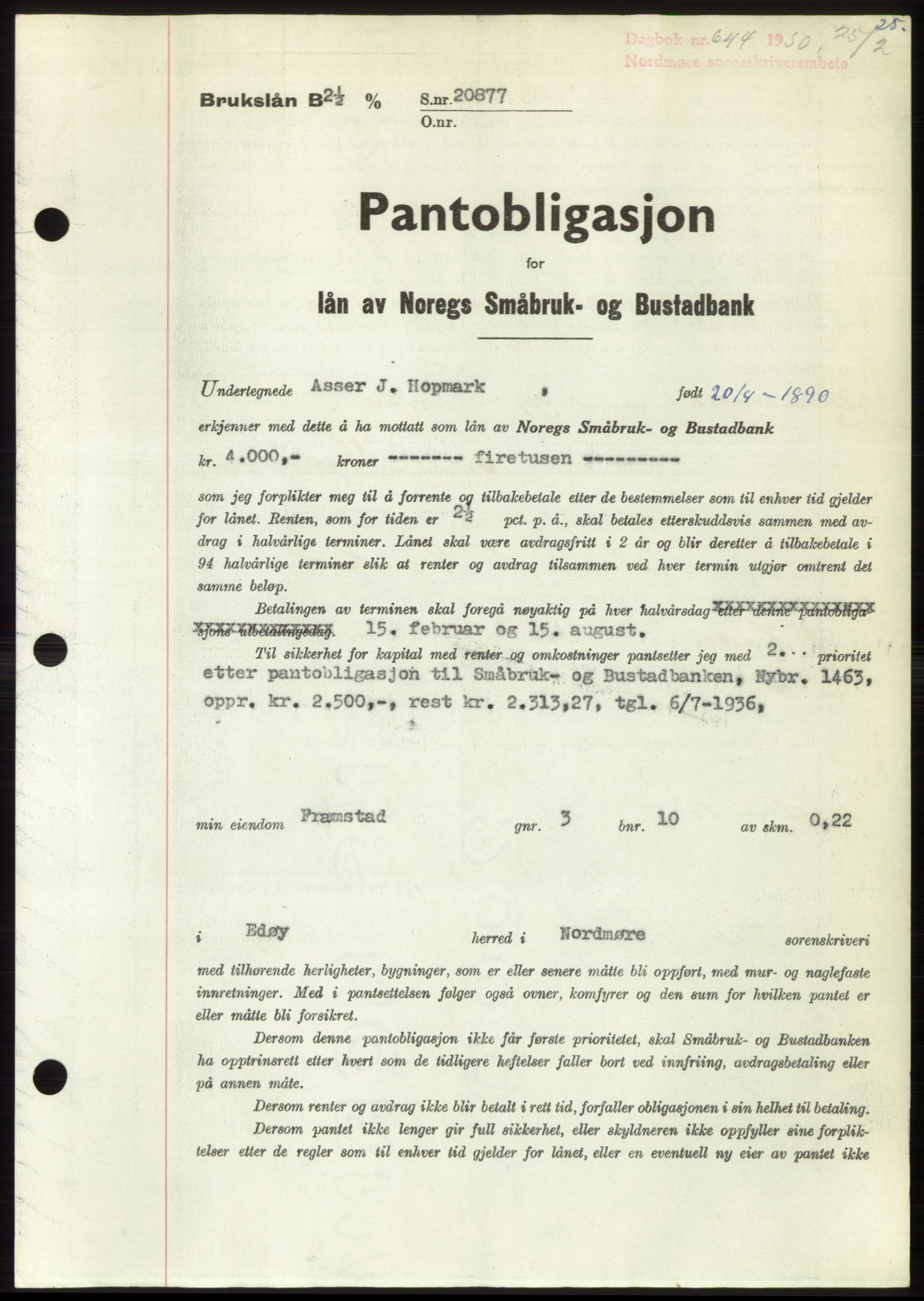 Nordmøre sorenskriveri, SAT/A-4132/1/2/2Ca: Pantebok nr. B104, 1950-1950, Dagboknr: 644/1950