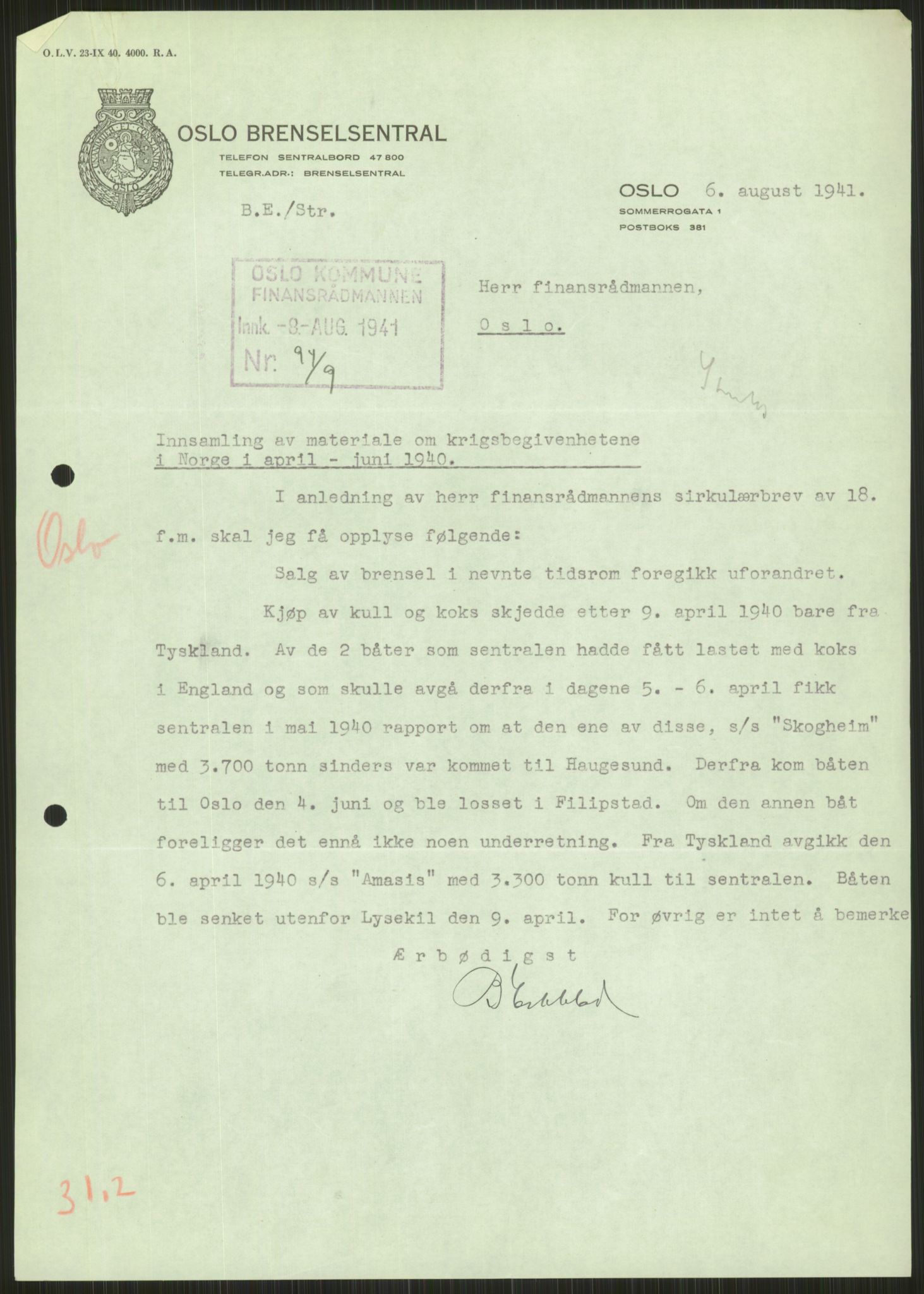 Forsvaret, Forsvarets krigshistoriske avdeling, RA/RAFA-2017/Y/Ya/L0013: II-C-11-31 - Fylkesmenn.  Rapporter om krigsbegivenhetene 1940., 1940, s. 589