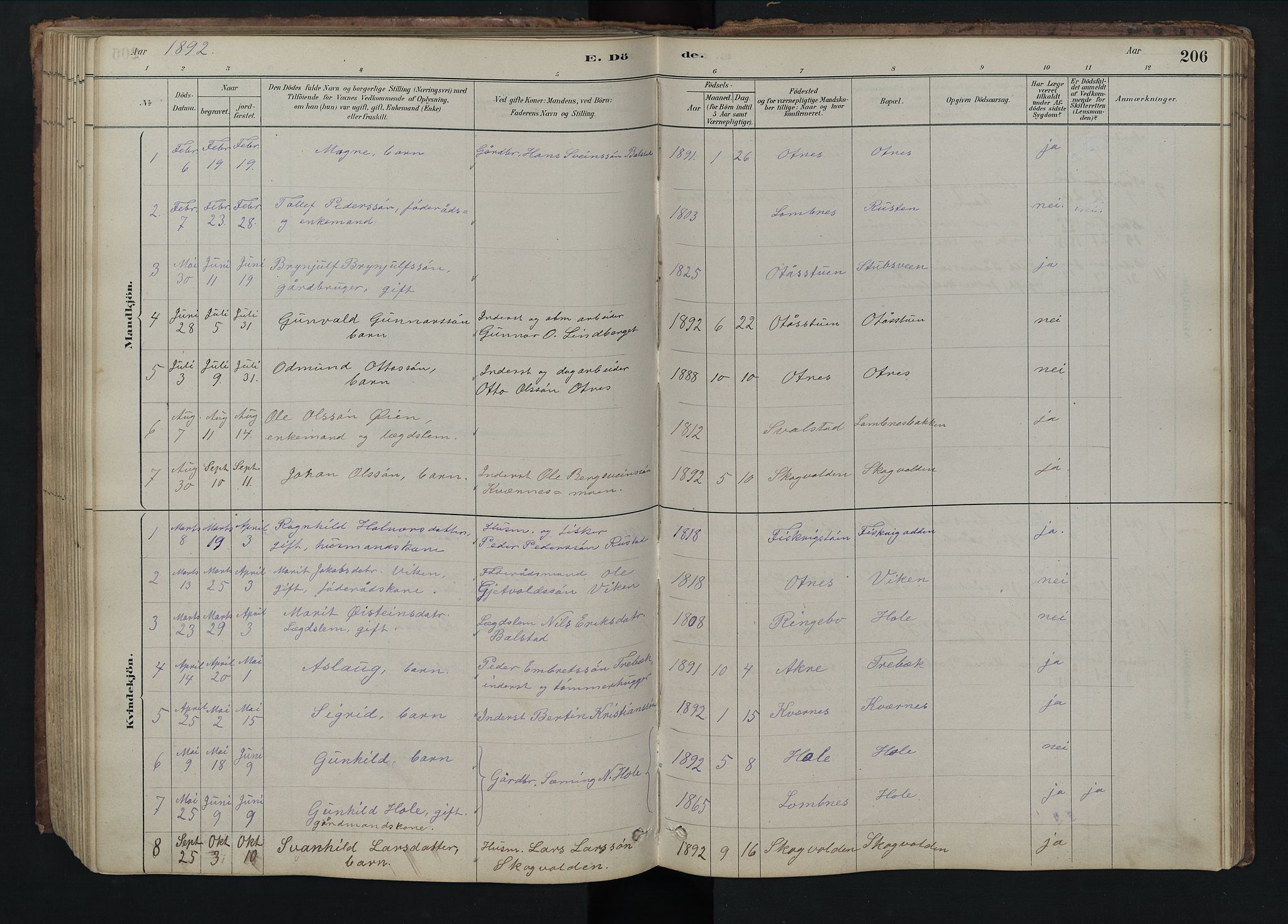 Rendalen prestekontor, AV/SAH-PREST-054/H/Ha/Hab/L0009: Klokkerbok nr. 9, 1879-1902, s. 206