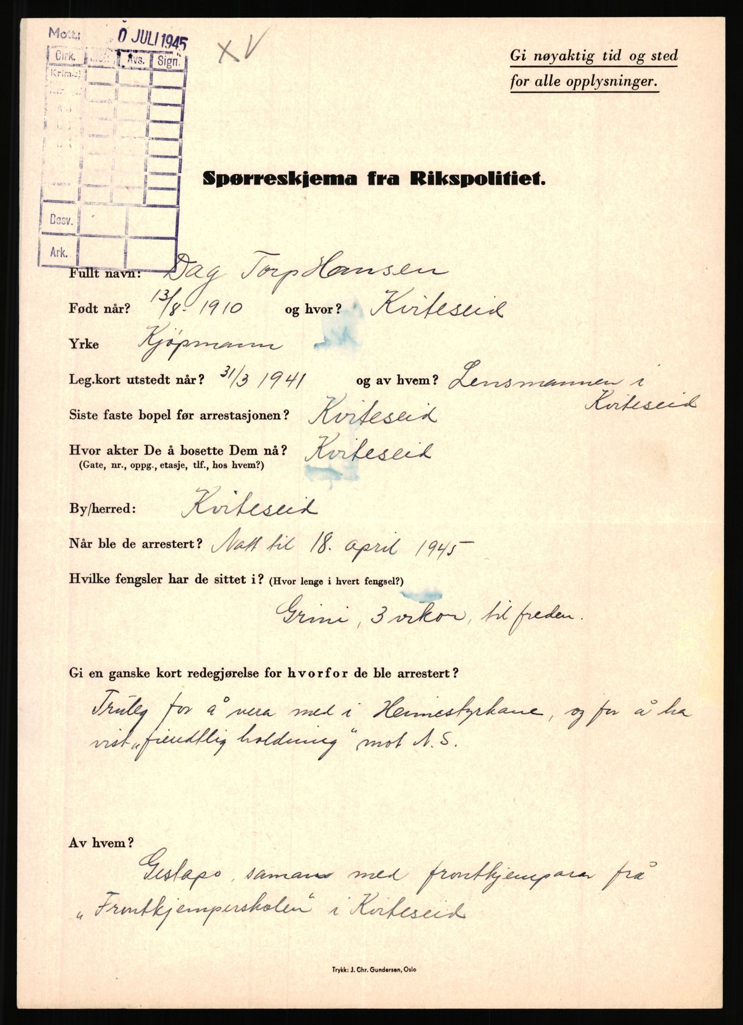 Rikspolitisjefen, AV/RA-S-1560/L/L0006: Hansen, Adolf Boye - Hemstad, Gunnar, 1940-1945, s. 83