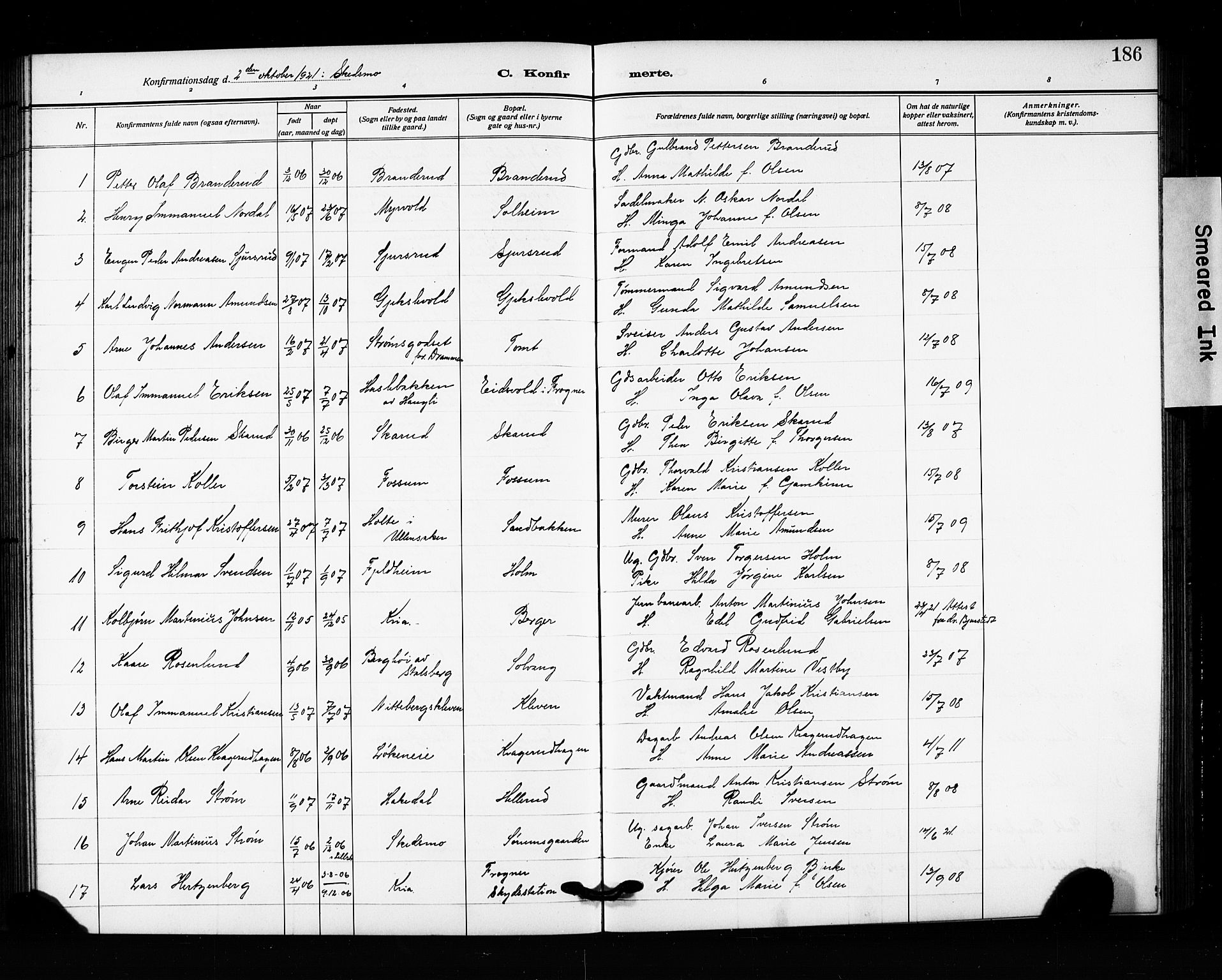 Skedsmo prestekontor Kirkebøker, AV/SAO-A-10033a/G/Ga/L0006: Klokkerbok nr. I 6, 1912-1926, s. 186