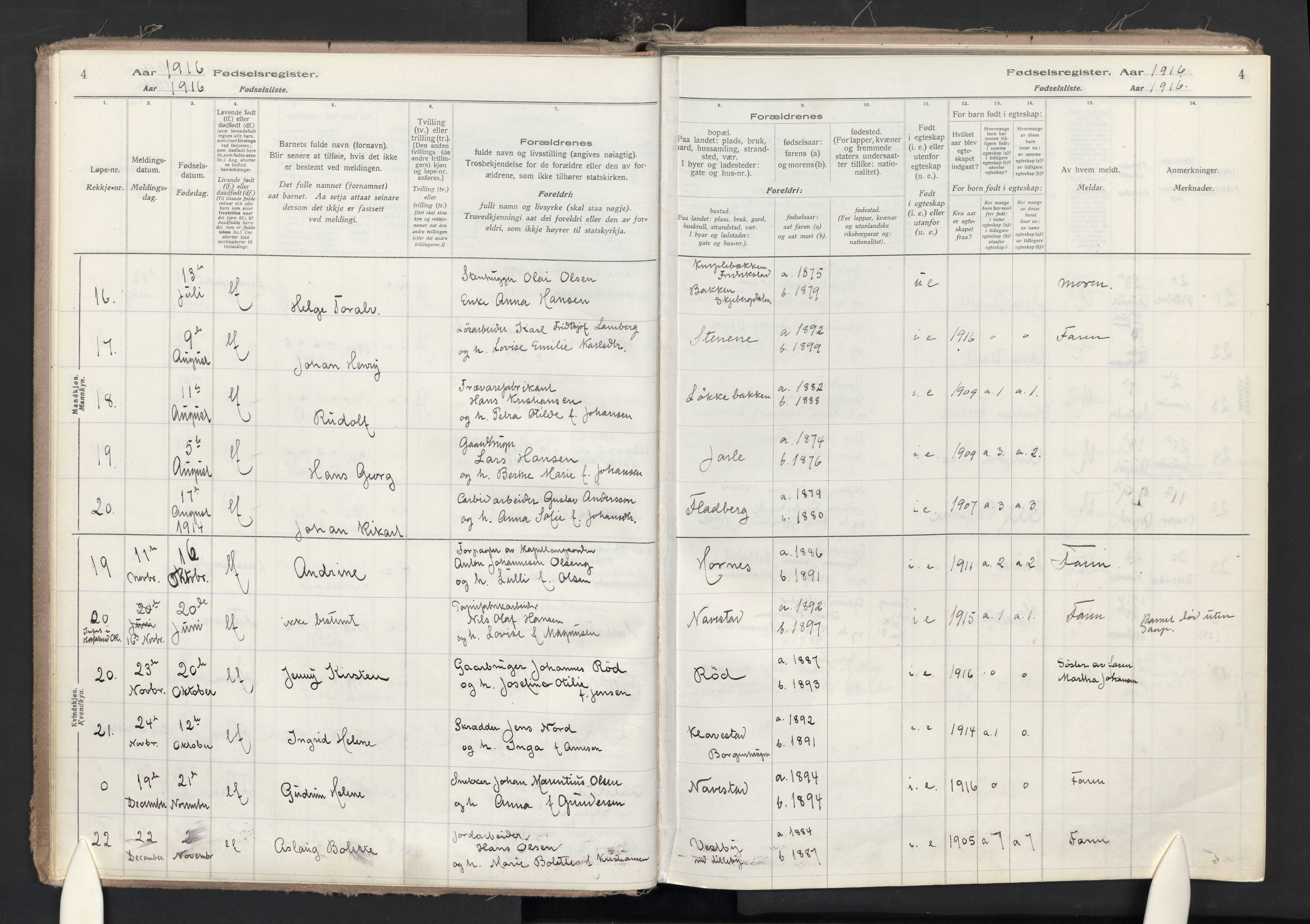 Skjeberg prestekontor Kirkebøker, AV/SAO-A-10923/J/Ja/L0001: Fødselsregister nr. I 1, 1916-1945, s. 4