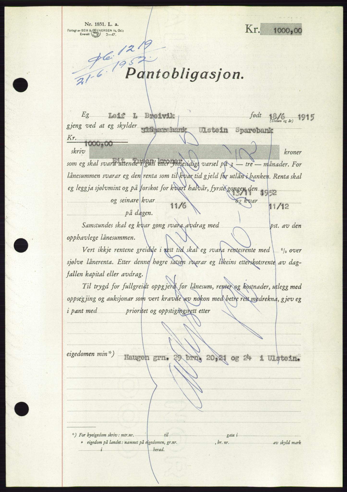 Søre Sunnmøre sorenskriveri, AV/SAT-A-4122/1/2/2C/L0121: Pantebok nr. 9B, 1951-1952, Dagboknr: 1219/1952