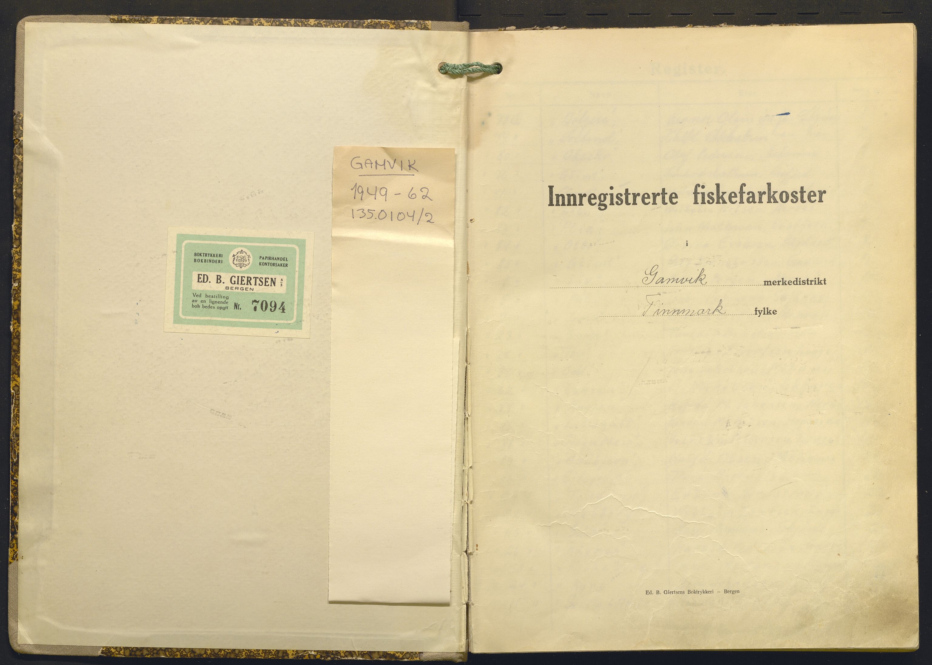 Fiskeridirektoratet - 1 Adm. ledelse - 13 Båtkontoret, AV/SAB-A-2003/I/Ia/Ia.a/L0012: 135.0104/2 Merkeprotokoll - Gamvik, 1949-1962