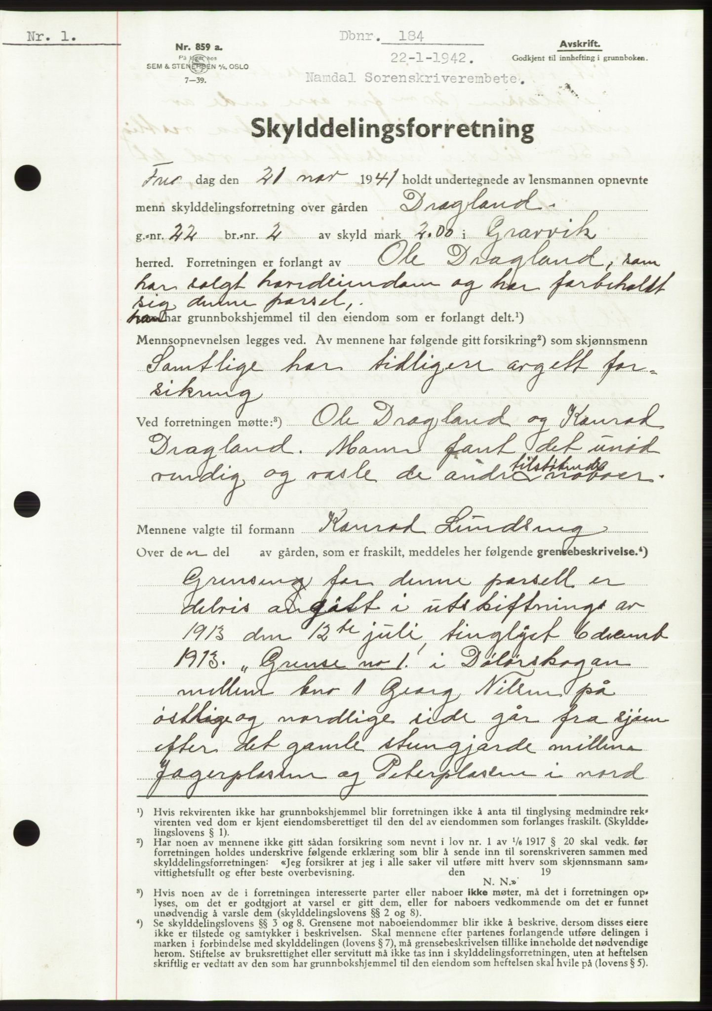 Namdal sorenskriveri, SAT/A-4133/1/2/2C: Pantebok nr. -, 1941-1942, Dagboknr: 184/1942