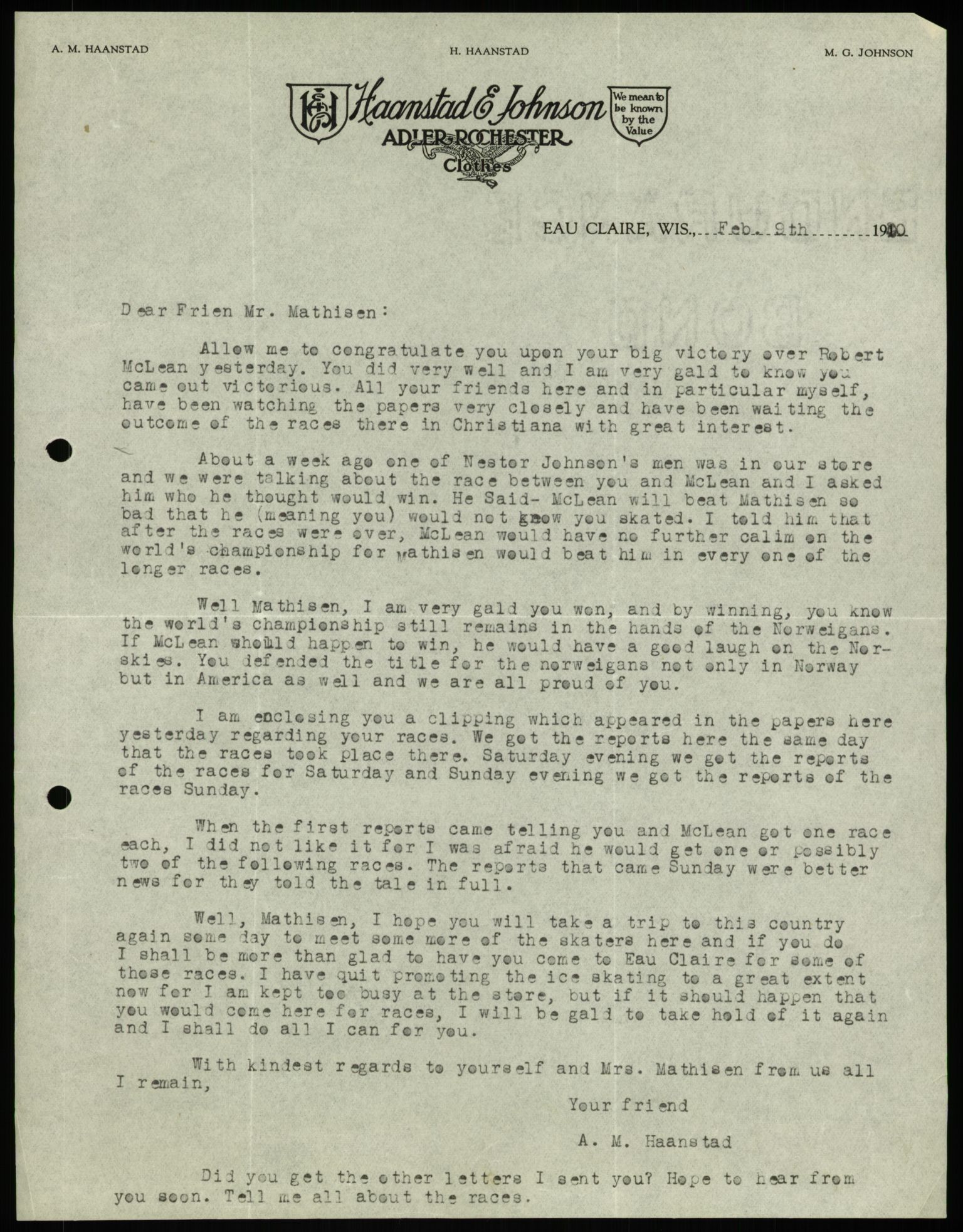 Mathisen, Oscar Wilhelm, AV/RA-PA-1912/Fa/L0001: Inngående korrespondanse, 1916-1954, s. 20