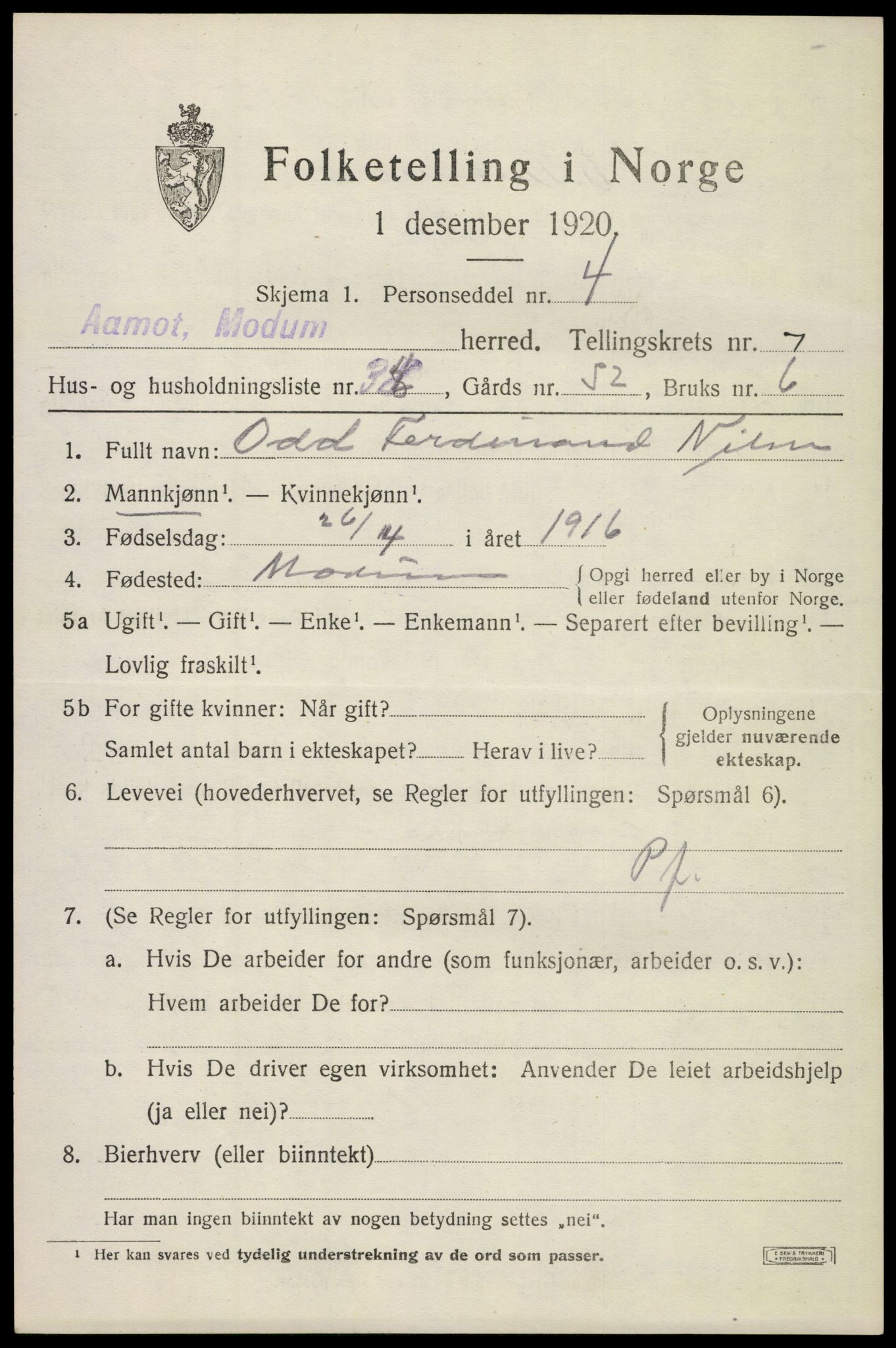 SAKO, Folketelling 1920 for 0623 Modum herred, 1920, s. 10169