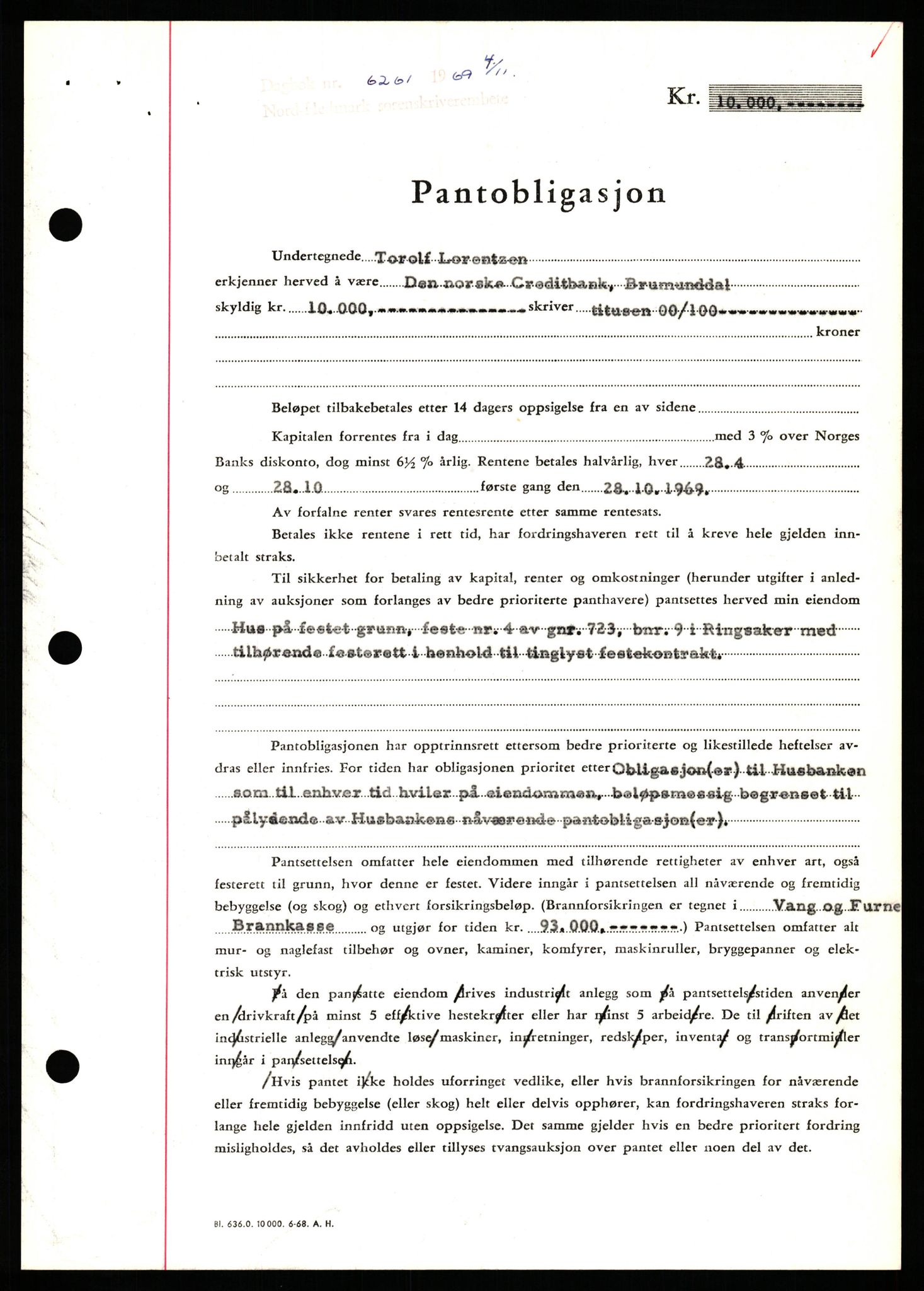 Nord-Hedmark sorenskriveri, SAH/TING-012/H/Hb/Hbf/L0082: Pantebok nr. B82, 1969-1969, Dagboknr: 6261/1969