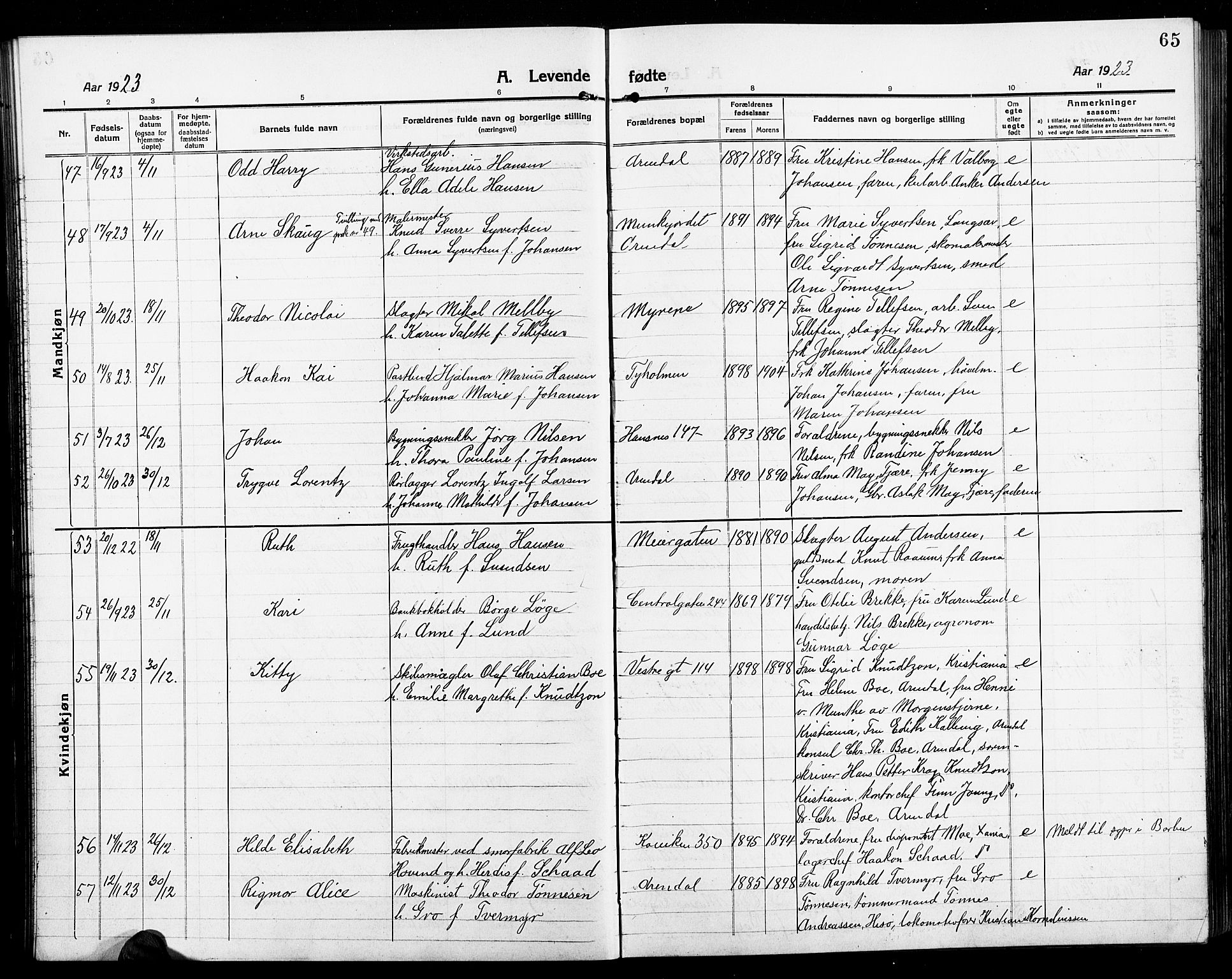 Arendal sokneprestkontor, Trefoldighet, AV/SAK-1111-0040/F/Fb/L0007: Klokkerbok nr. B 7, 1916-1927, s. 65