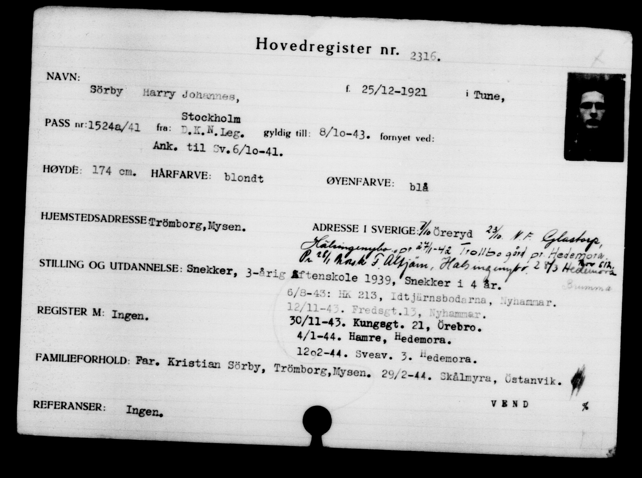 Utenriksstasjonene, Legasjonen i Stockholm, Flyktningkontoret, AV/RA-S-6753/V/Va/L0003: Kjesäterkartoteket, flyktninger med registreringsnr. 2001-3495, 1940-1945, s. 447