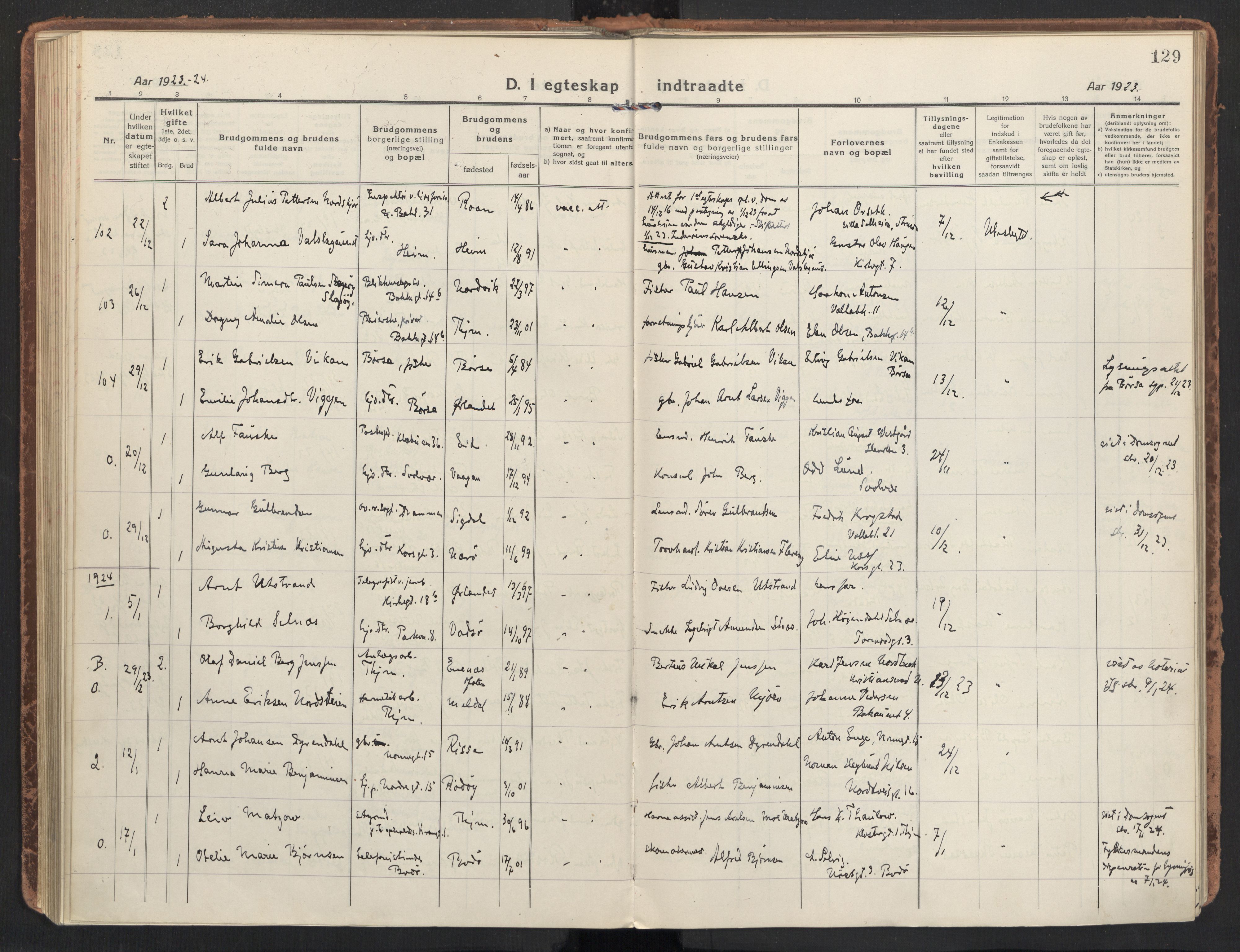 Ministerialprotokoller, klokkerbøker og fødselsregistre - Sør-Trøndelag, AV/SAT-A-1456/604/L0206: Ministerialbok nr. 604A26, 1917-1931, s. 129