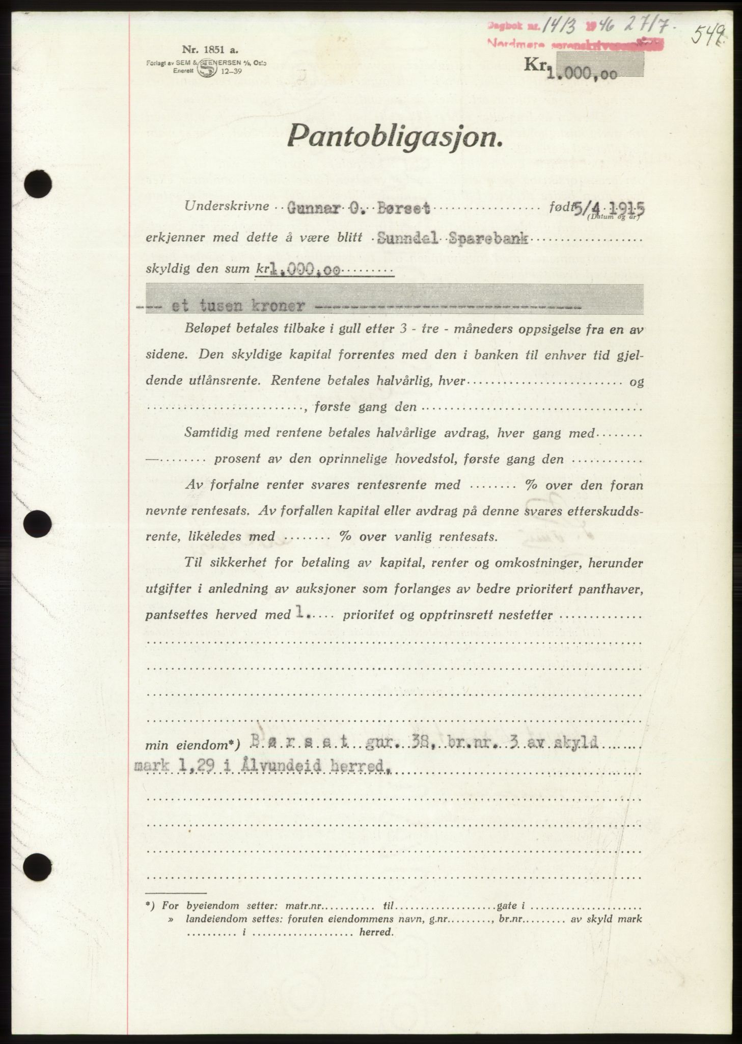 Nordmøre sorenskriveri, AV/SAT-A-4132/1/2/2Ca: Pantebok nr. B94, 1946-1946, Dagboknr: 1413/1946