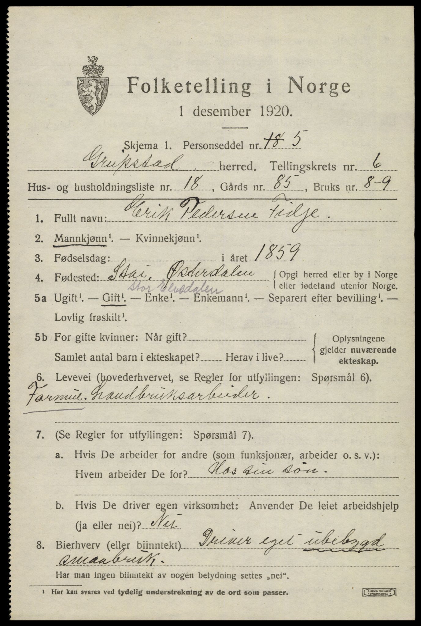SAK, Folketelling 1920 for 1017 Greipstad herred, 1920, s. 2096