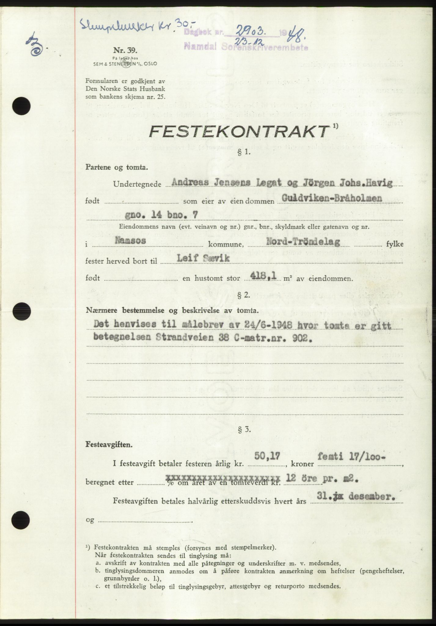 Namdal sorenskriveri, SAT/A-4133/1/2/2C: Pantebok nr. -, 1948-1948, Dagboknr: 2903/1948