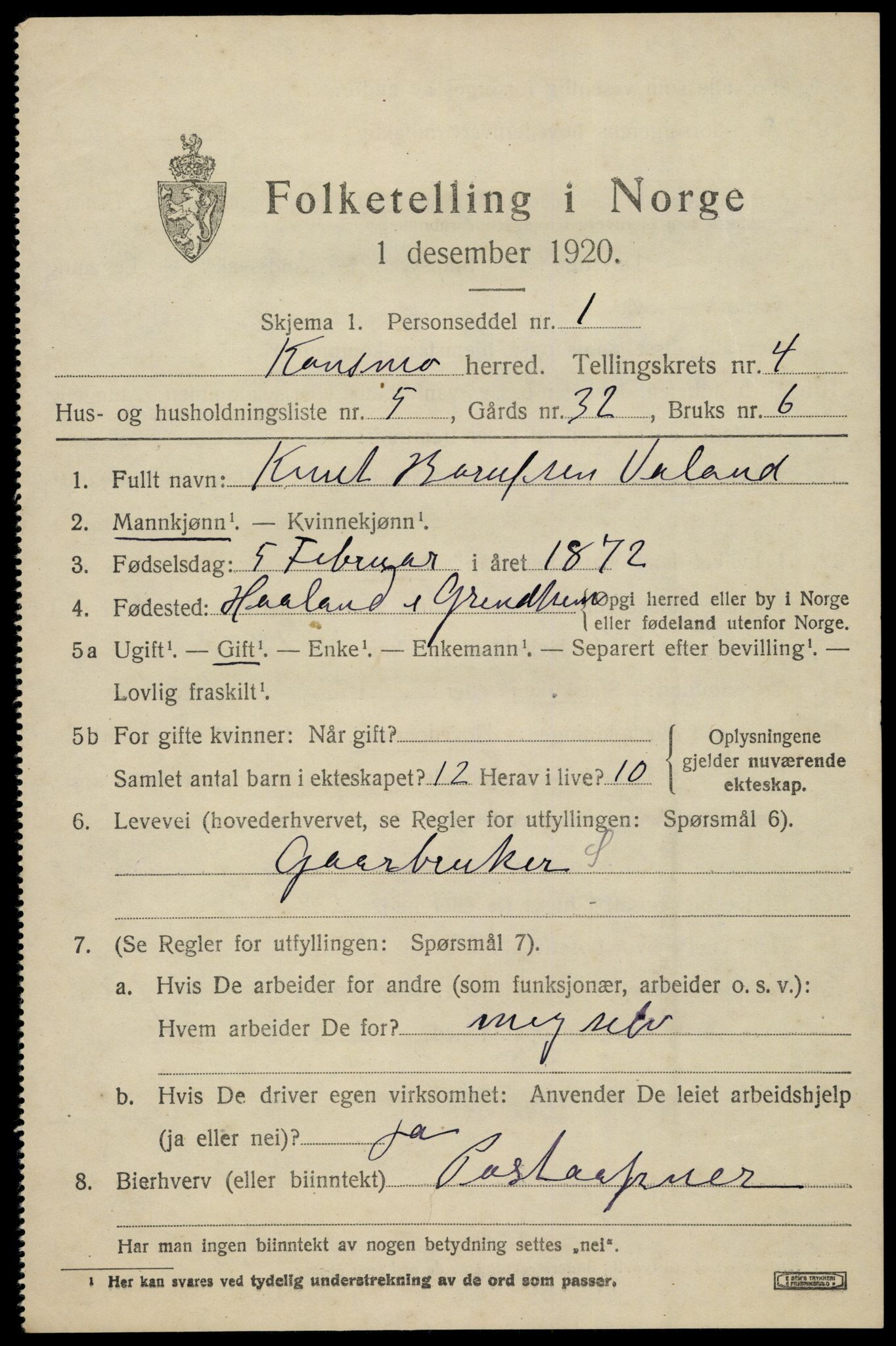 SAK, Folketelling 1920 for 1027 Konsmo herred, 1920, s. 1234