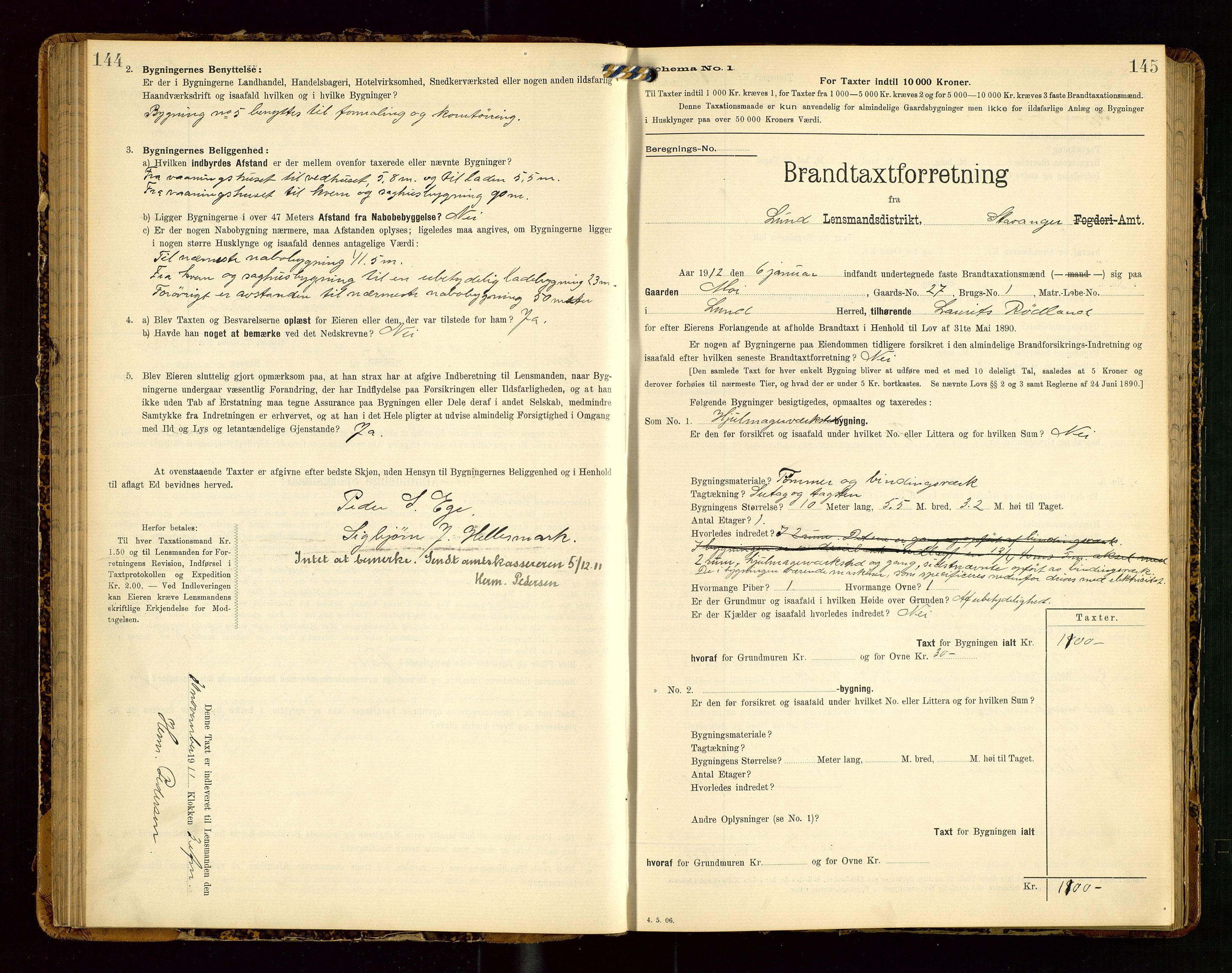 Lund lensmannskontor, SAST/A-100303/Gob/L0002: "Brandtakstprotokol", 1908-1918, s. 144-145