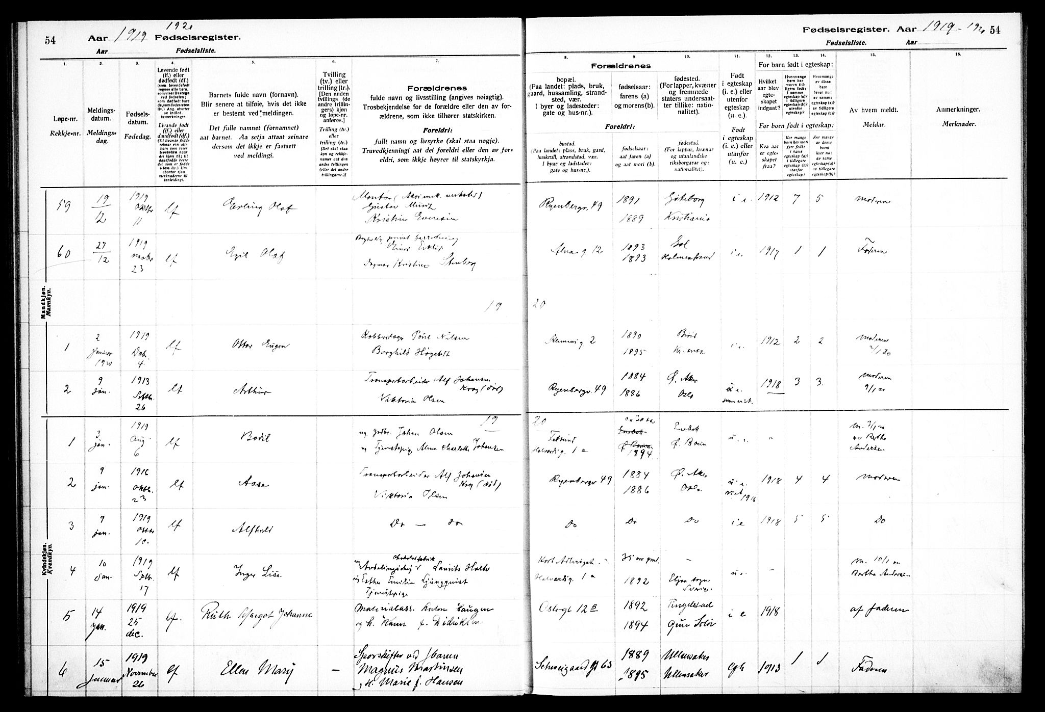 Gamlebyen prestekontor Kirkebøker, SAO/A-10884/J/Ja/L0001: Fødselsregister nr. 1, 1916-1936, s. 54