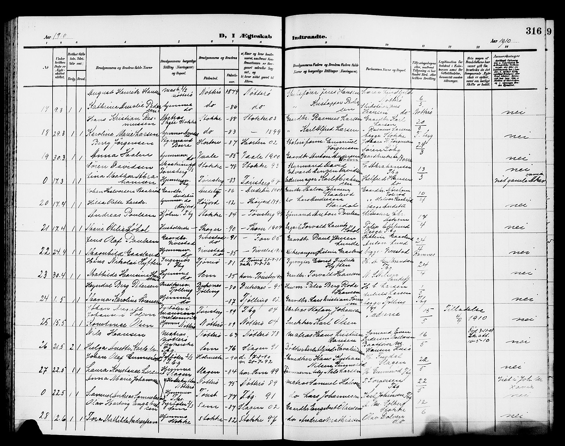 Tønsberg kirkebøker, AV/SAKO-A-330/G/Ga/L0008: Klokkerbok nr. 8, 1905-1912, s. 316