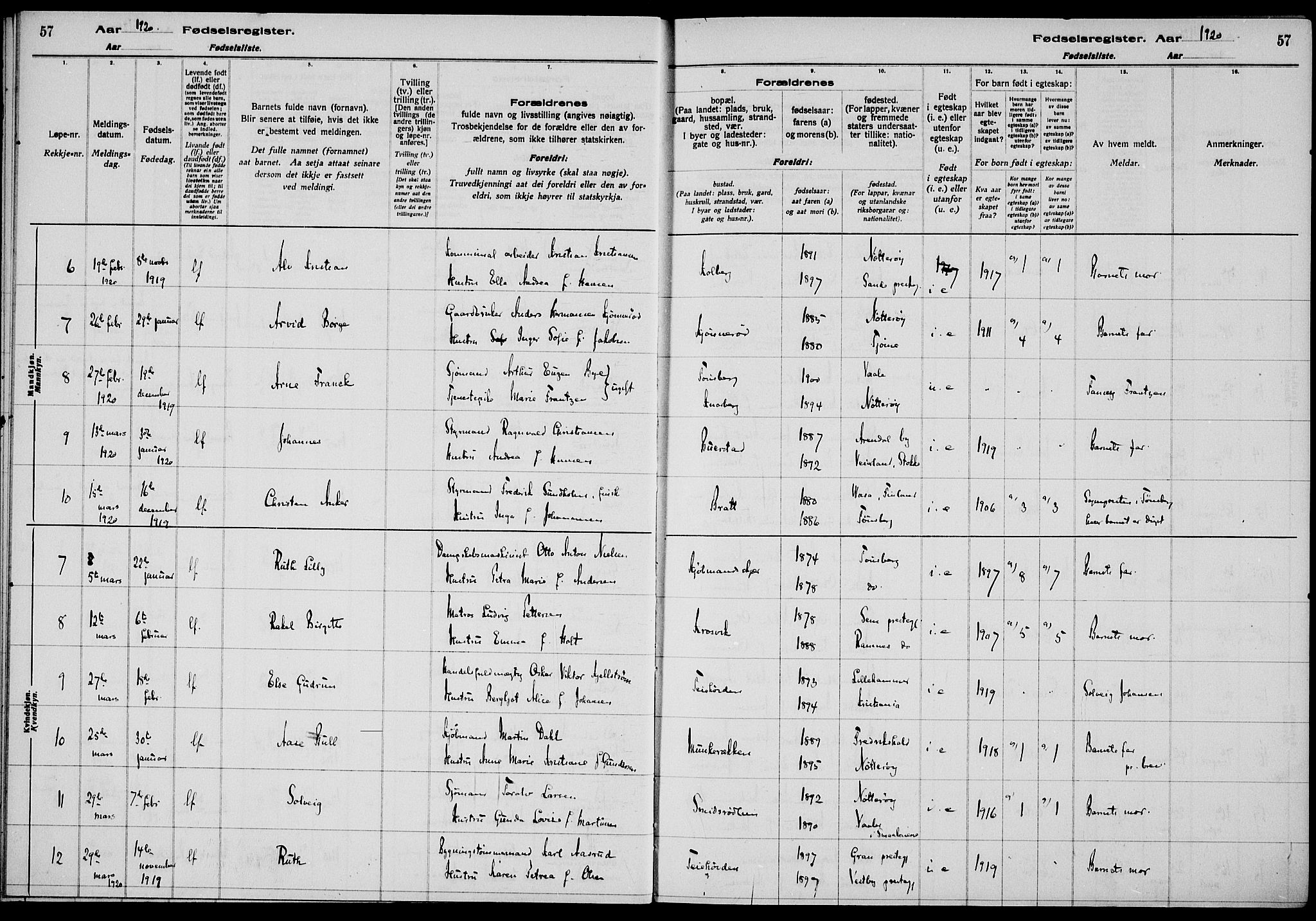 Nøtterøy kirkebøker, AV/SAKO-A-354/J/Ja/L0001: Fødselsregister nr. 1, 1916-1928, s. 57