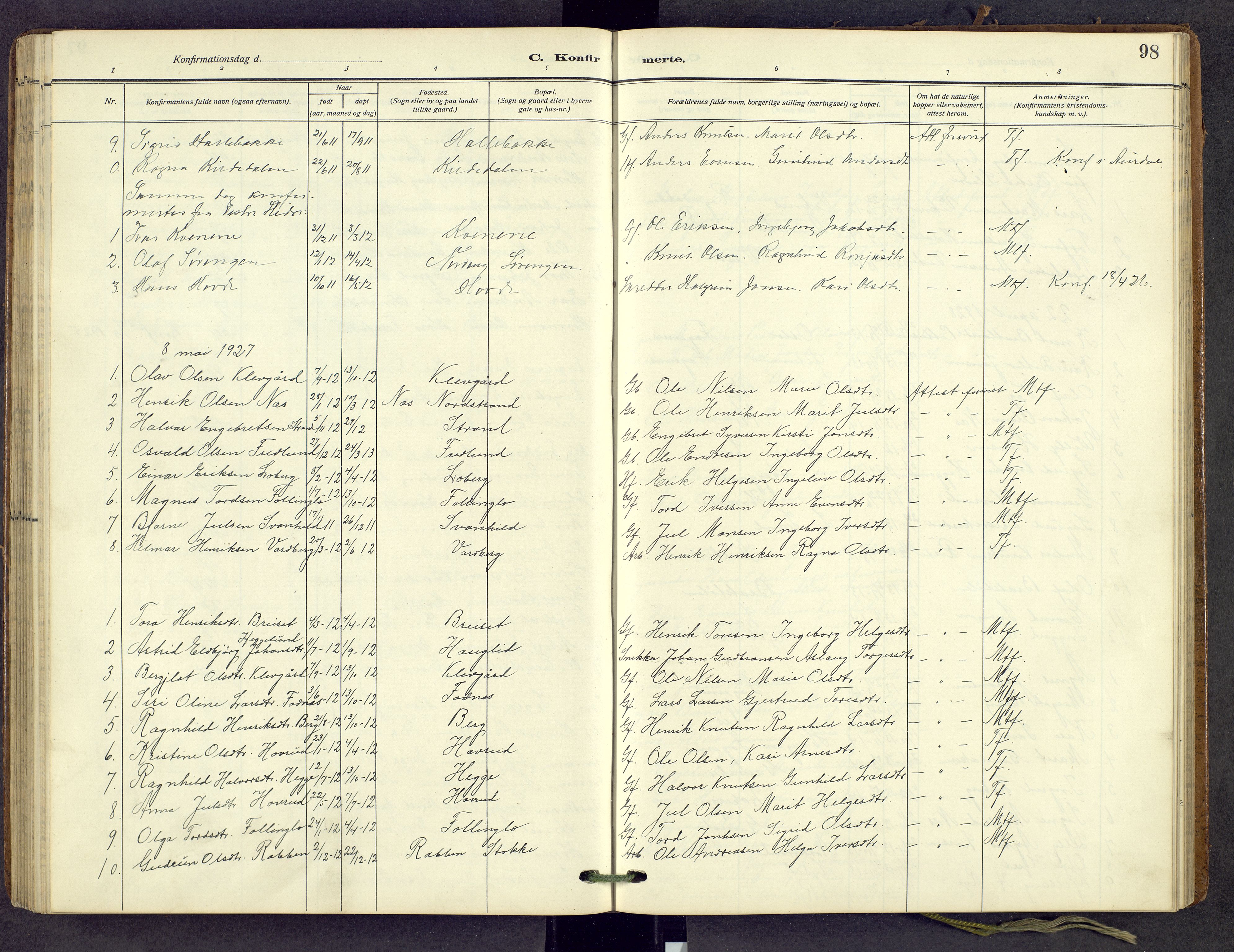 Nord-Aurdal prestekontor, AV/SAH-PREST-132/H/Ha/Hab/L0013: Klokkerbok nr. 13, 1911-1948, s. 98