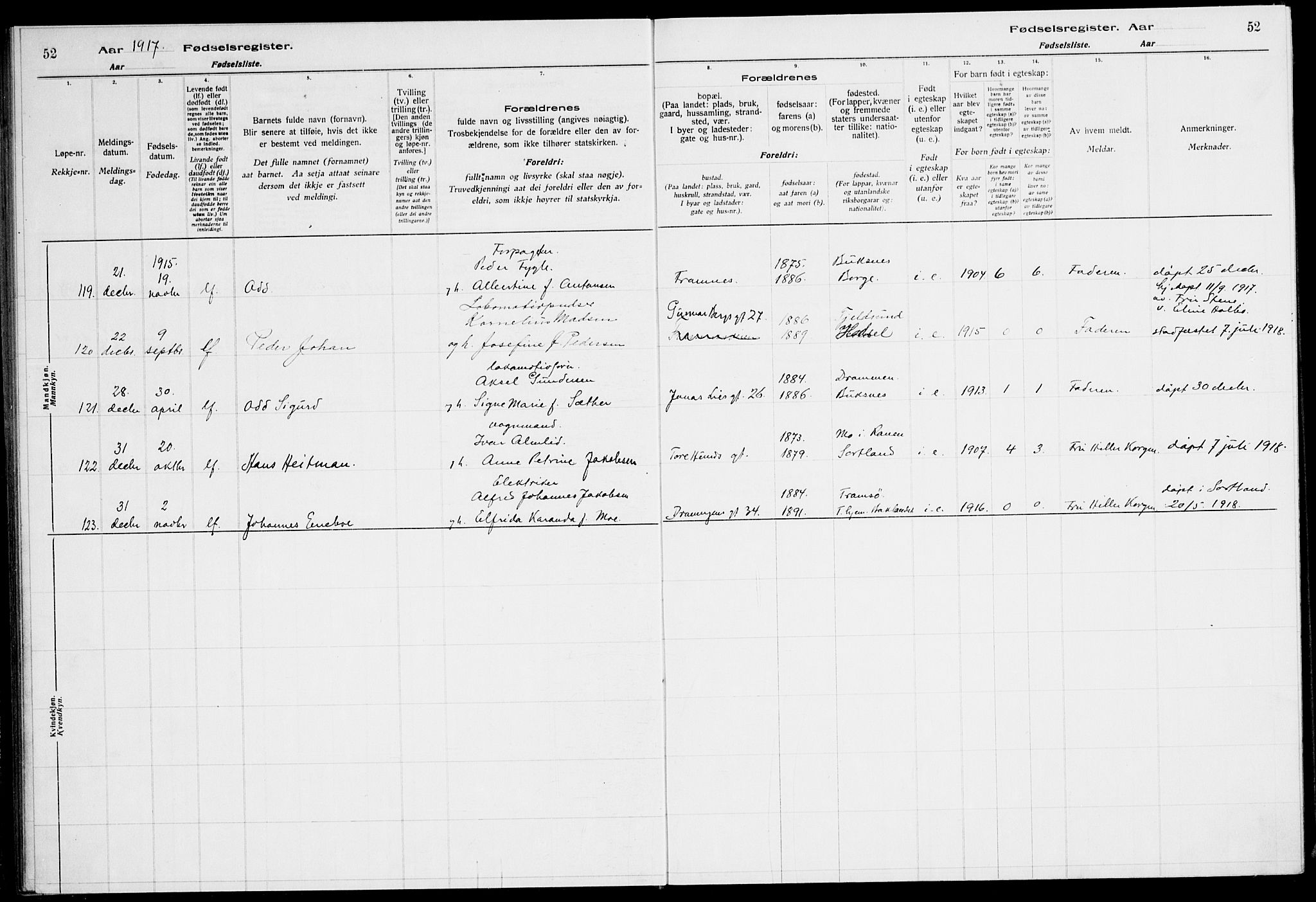 Ministerialprotokoller, klokkerbøker og fødselsregistre - Nordland, AV/SAT-A-1459/871/L1013: Fødselsregister nr. 871.II.4.1, 1916-1924, s. 52