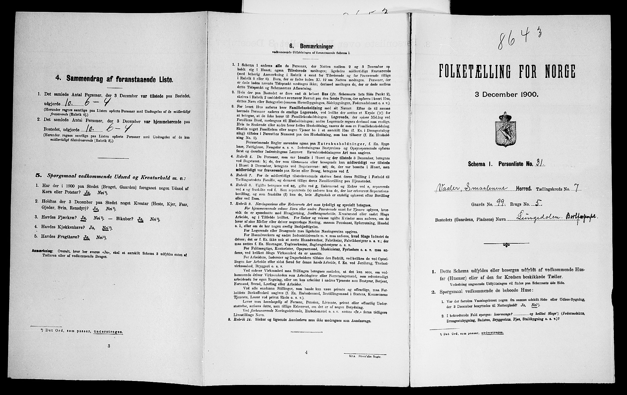 SAO, Folketelling 1900 for 0137 Våler herred, 1900